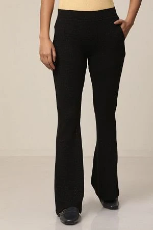 Black Solid Flared Pants With Elasticated Waist - Image 2