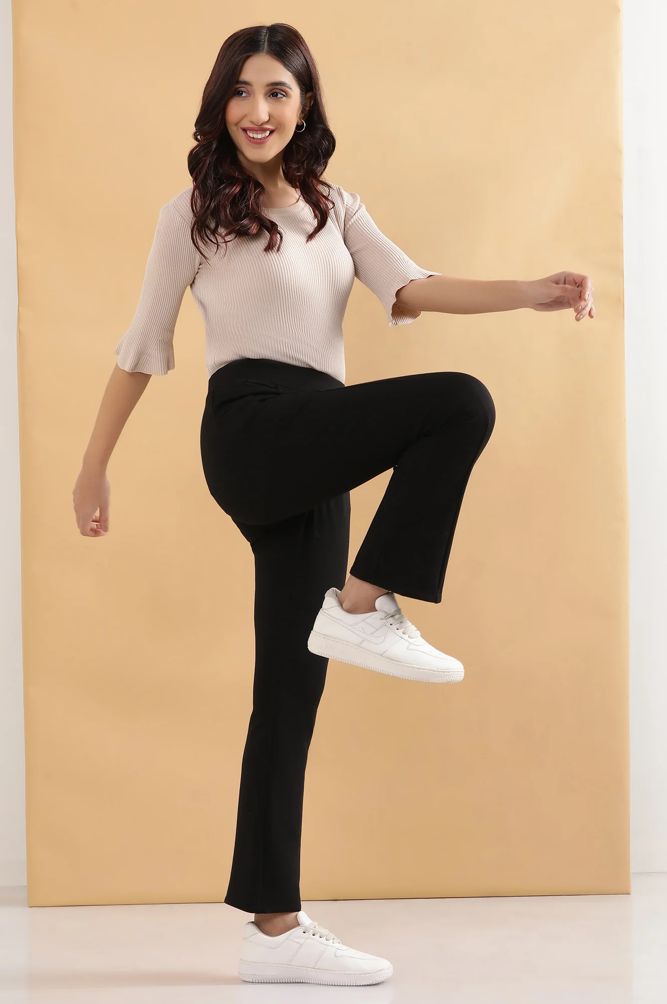 Black Solid Flared Pants With Elasticated Waist - Image 2