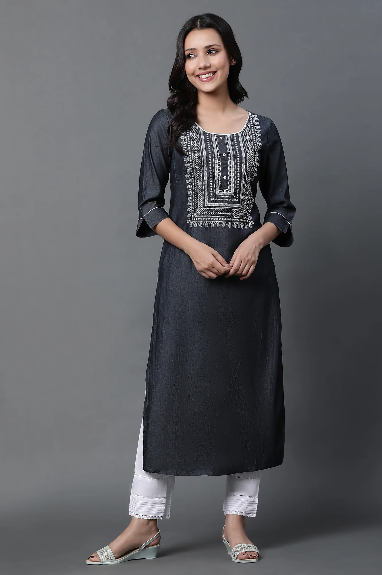 Black Denim Embroidered Kurta and Trousers Set - Image 2