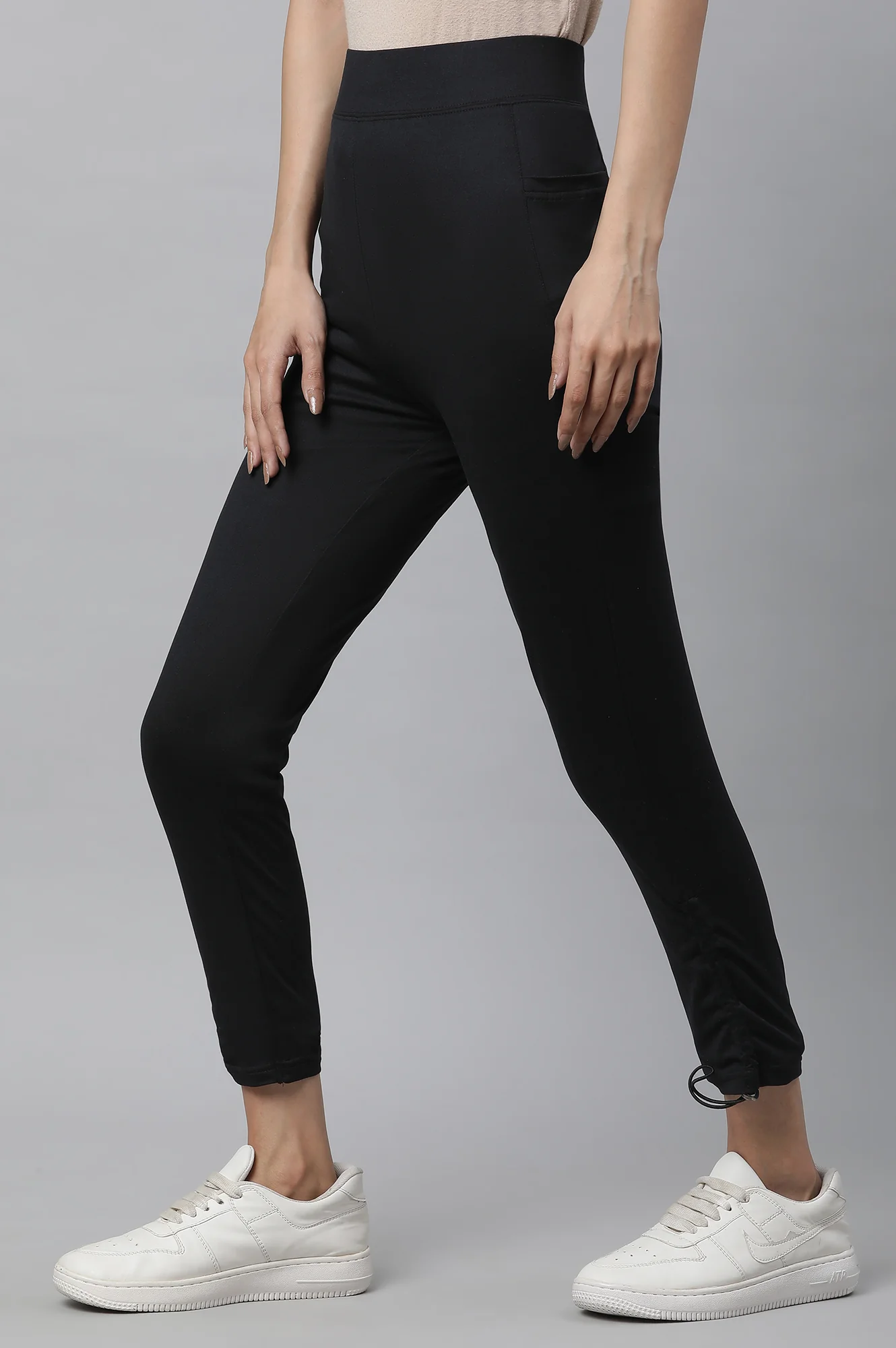 Black Solid Skinny Fit Yoga Tights With Drawstring - Image 2