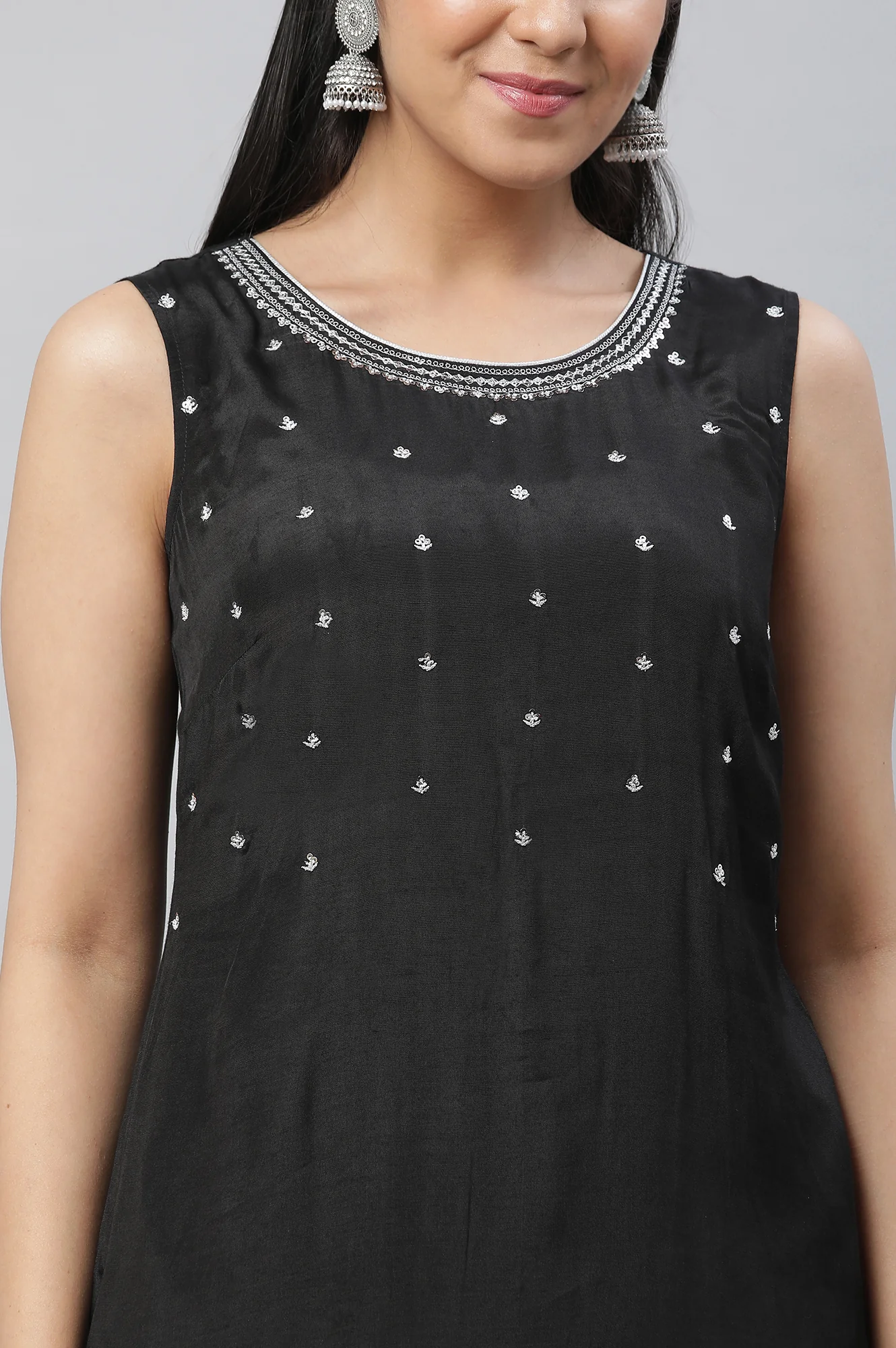 Black Embroidered Sheer Gilet, Kurta and Pants Set - Image 9