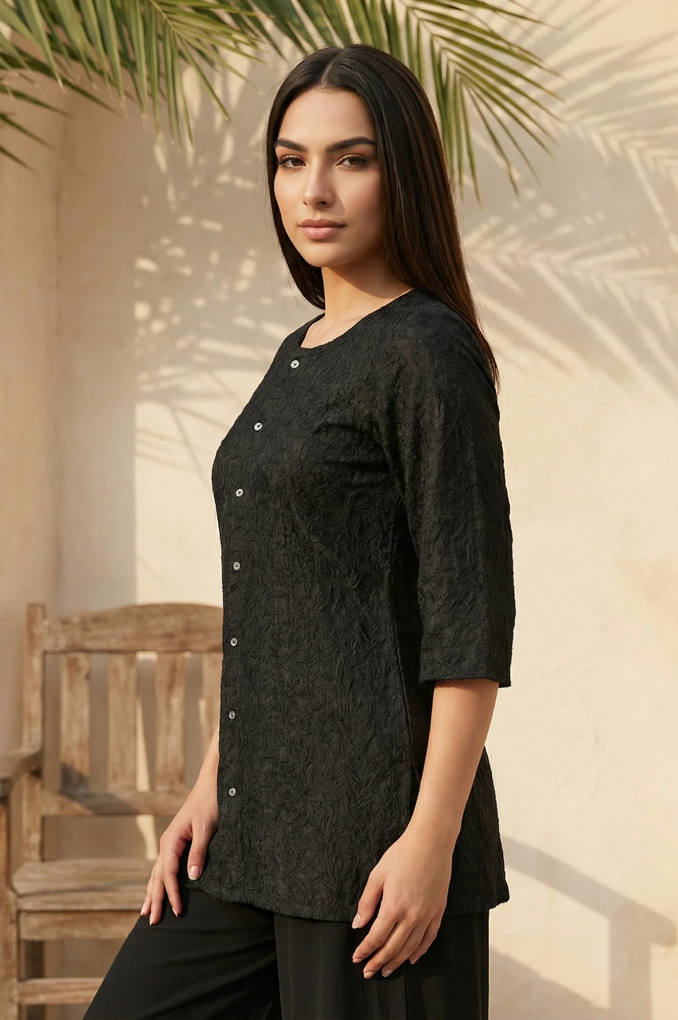 Black Thread Embroidered Shantung Straight Kurti - Image 3