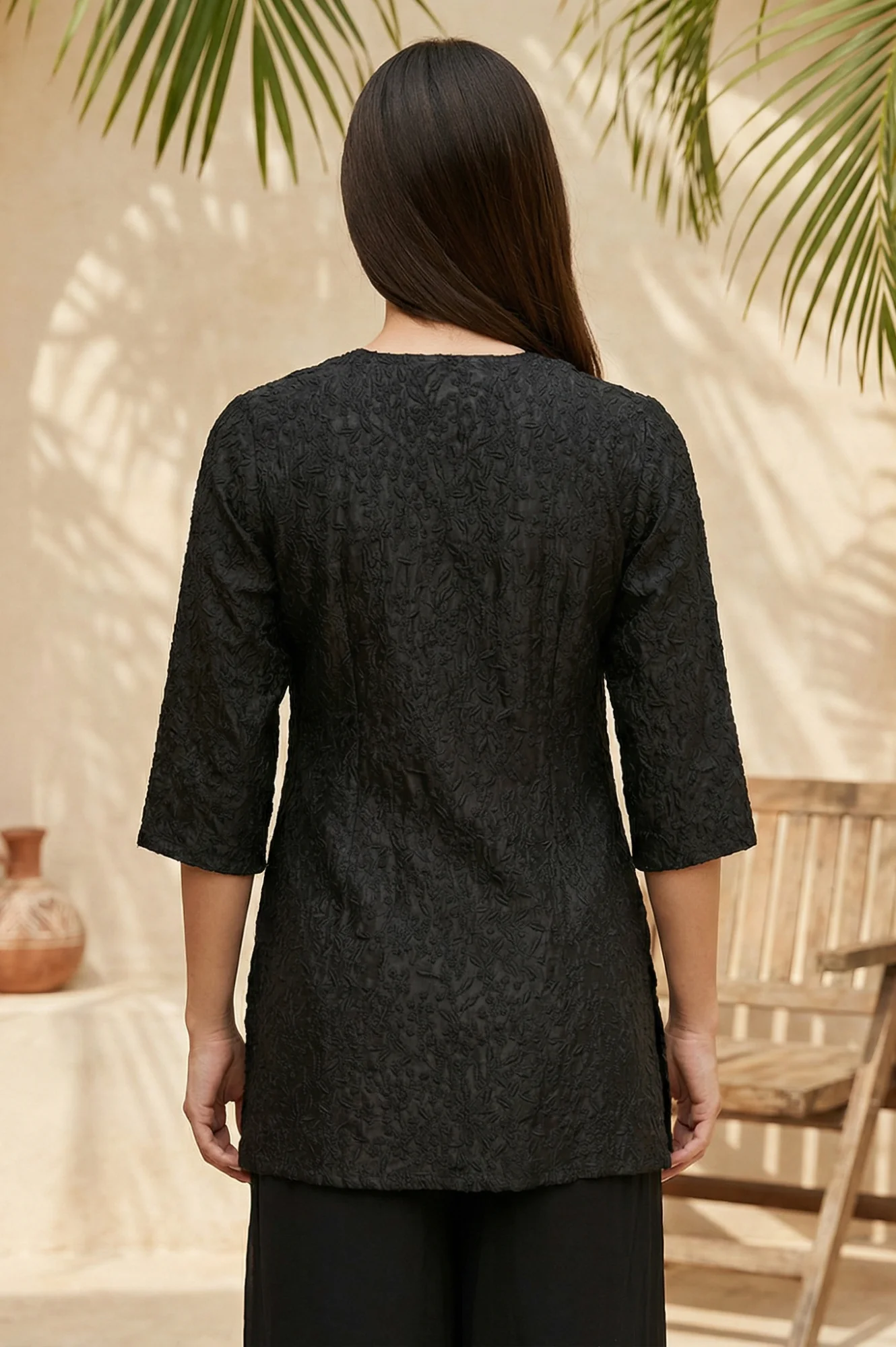 Black Thread Embroidered Shantung Straight Kurti - Image 4