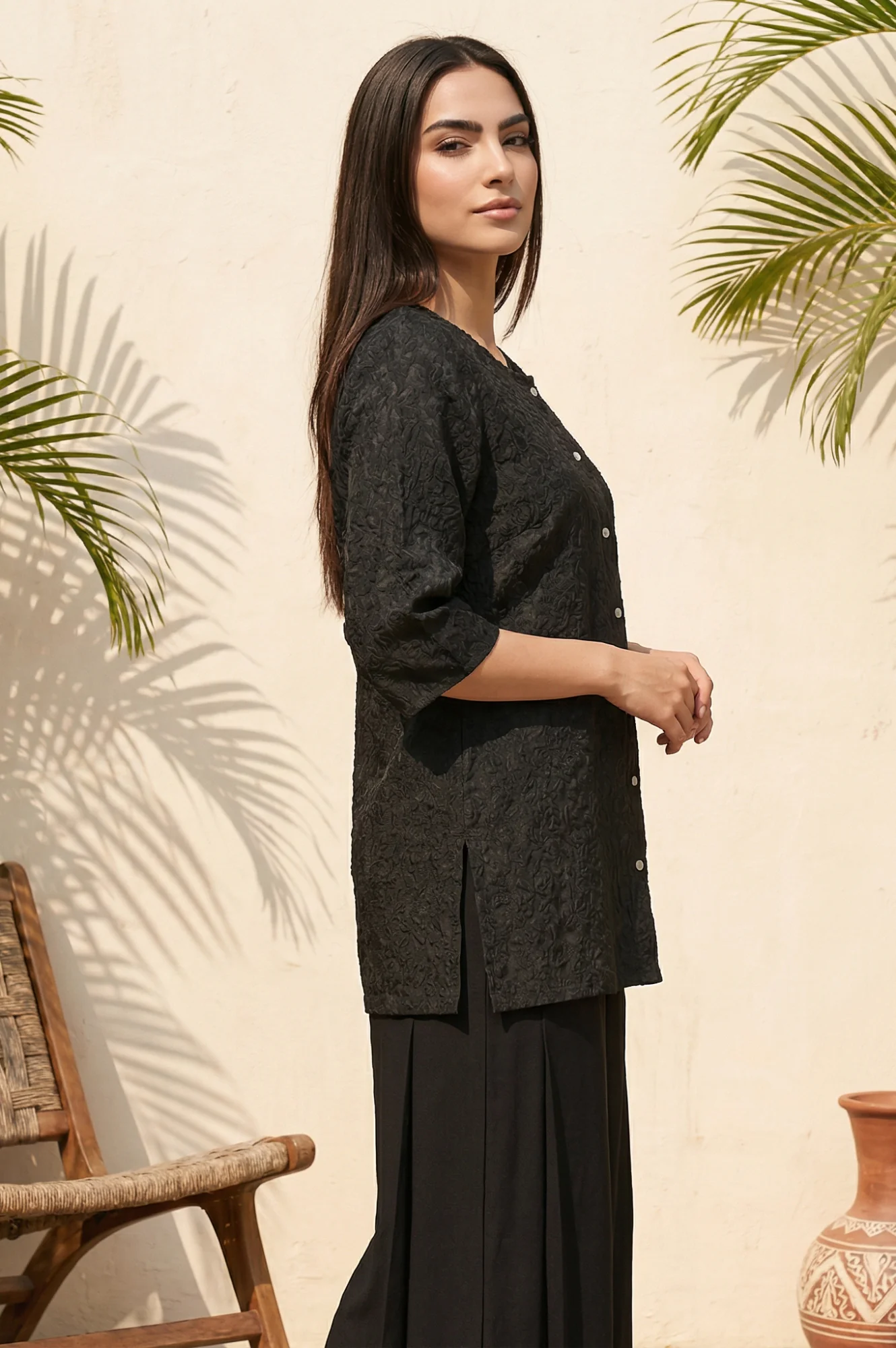 Black Thread Embroidered Shantung Straight Kurti - Image 5