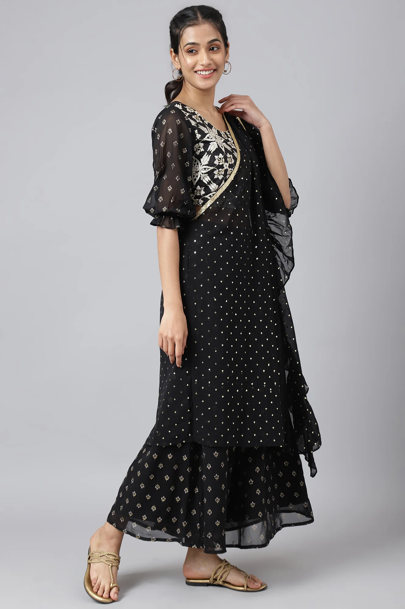 Black Embroidered Top With Semi Flared Palazzo And Dupatta - Image 9