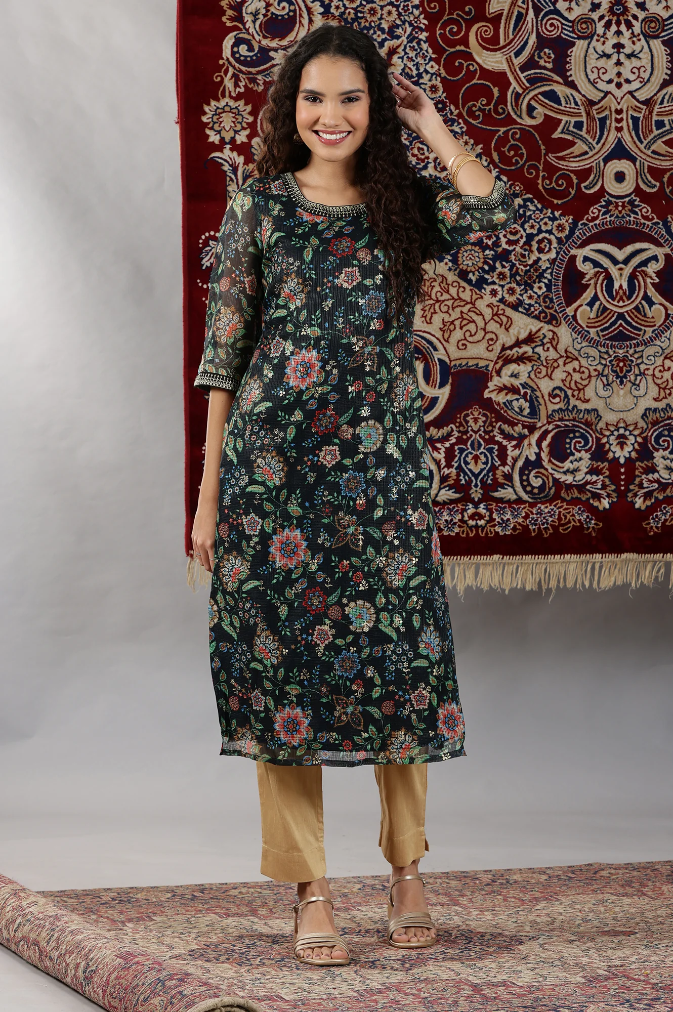 Black Floral All-Over Print Sequined Straight Kota Kurta - Image 2
