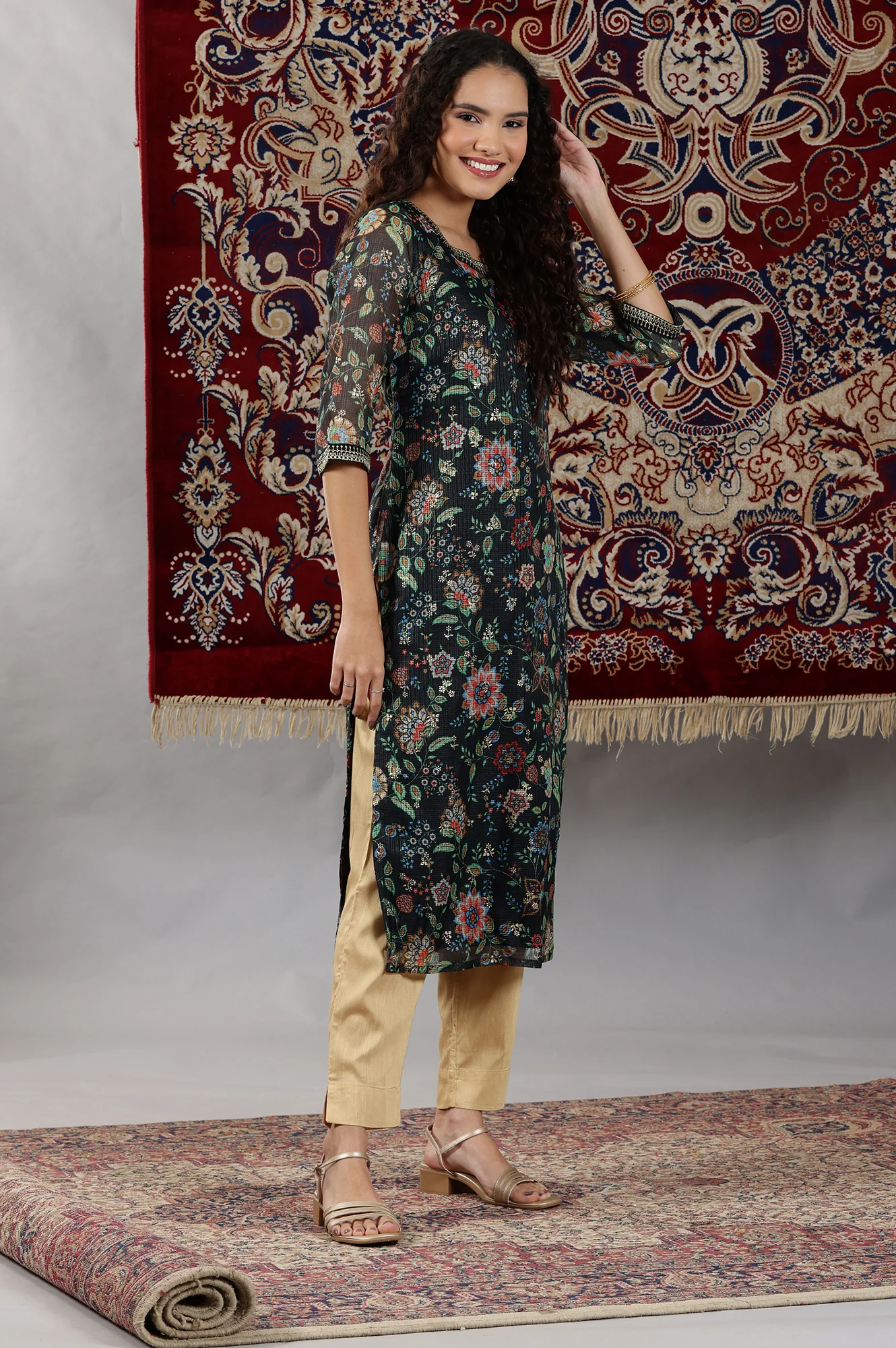 Black Floral All-Over Print Sequined Straight Kota Kurta - Image 6
