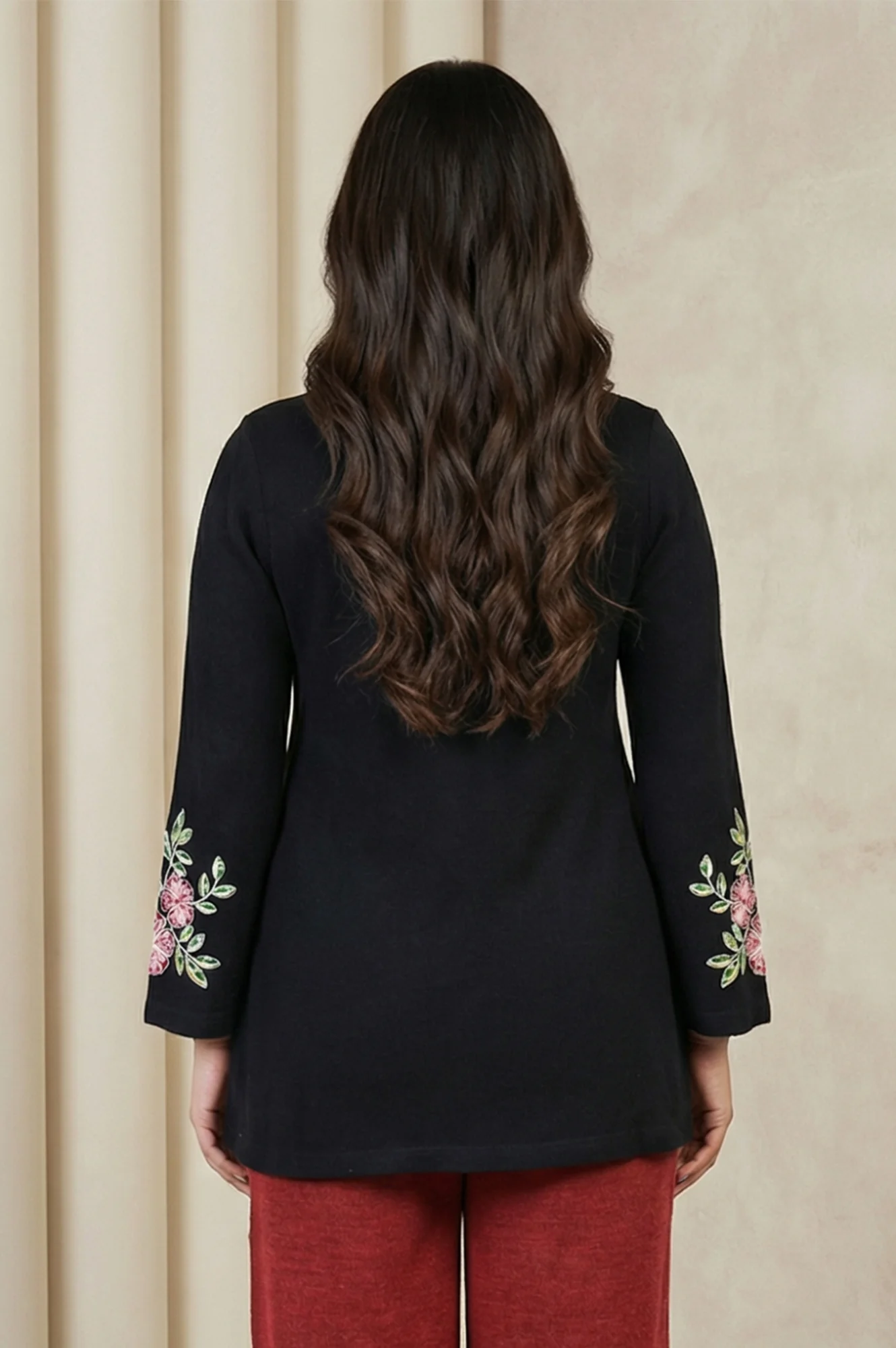 Black Floral Embroidered Acrylic Flared Top for Winter - Image 4