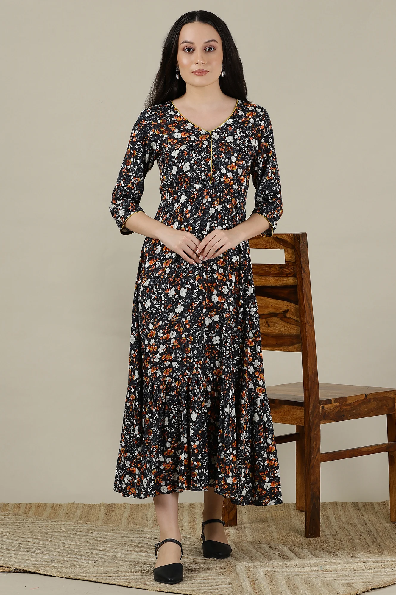 Black Floral Printed Flared Flowy Rayon Dress with Yellow Piping - Image 2