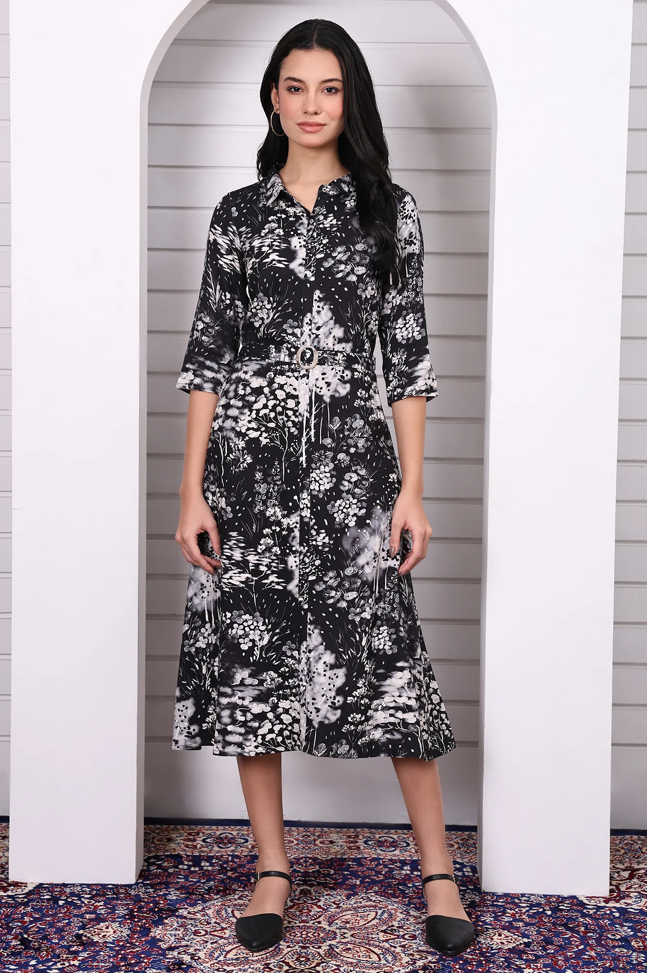 Black Floral Printed Flared Short Dress with Waist Belt - Image 2