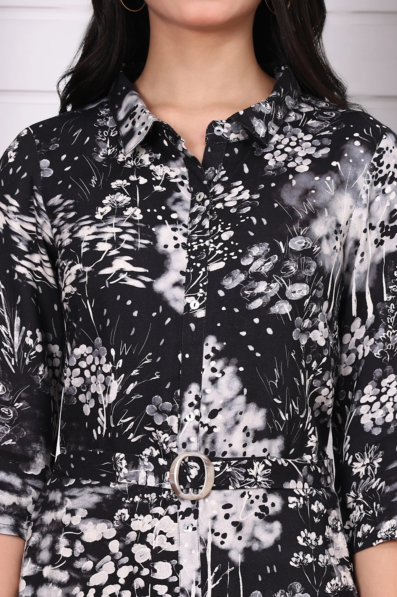 Black Floral Printed Flared Short Dress with Waist Belt - Image 3