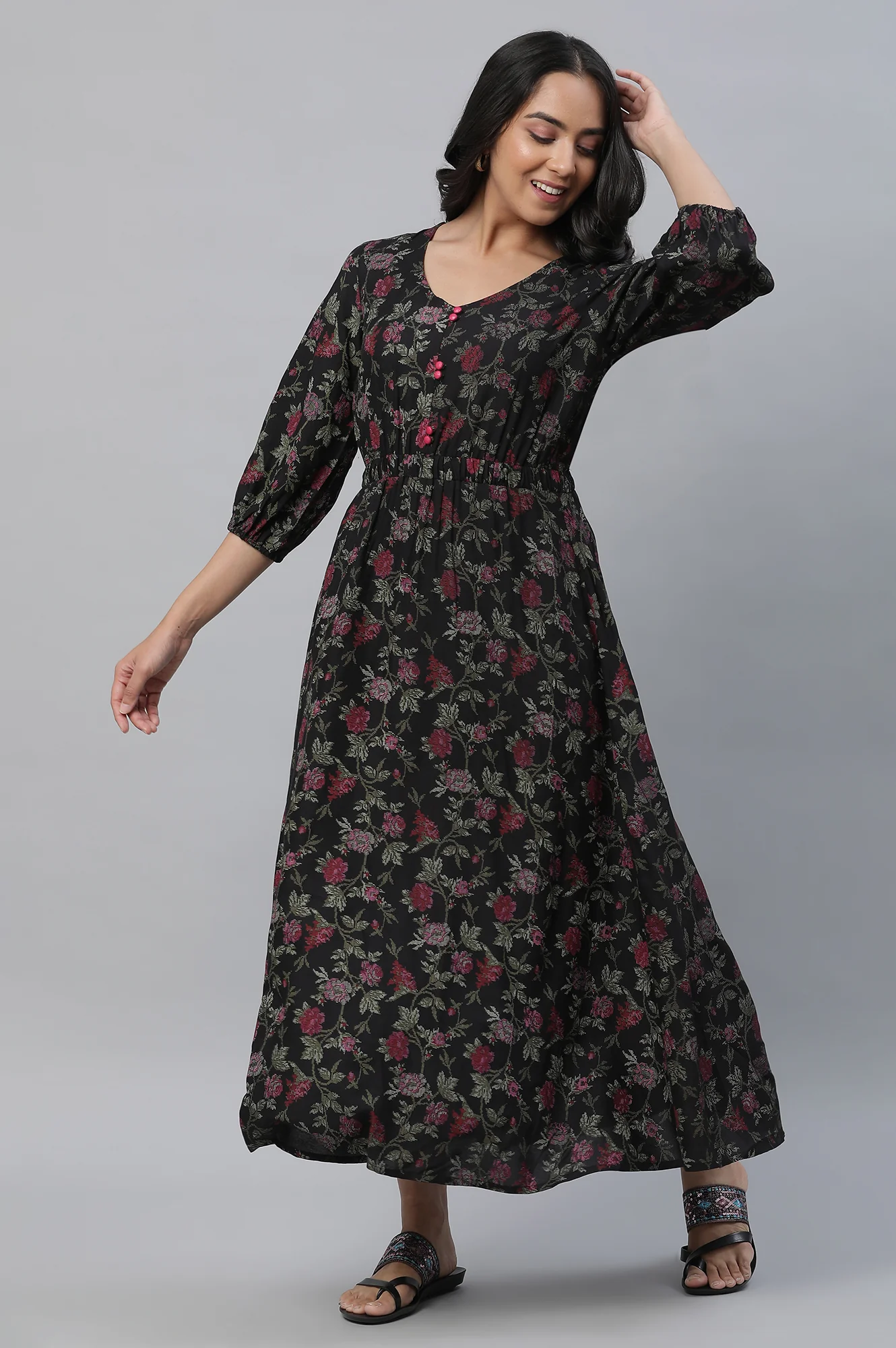 Black Floral Printed Gathered Dress - Image 2