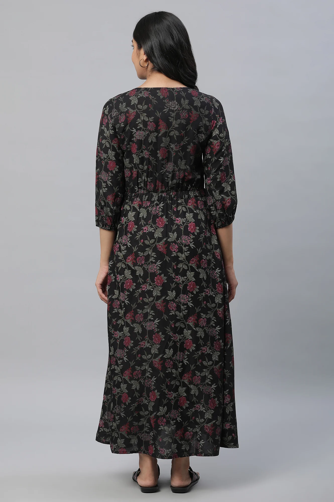 Black Floral Printed Gathered Dress - Image 4