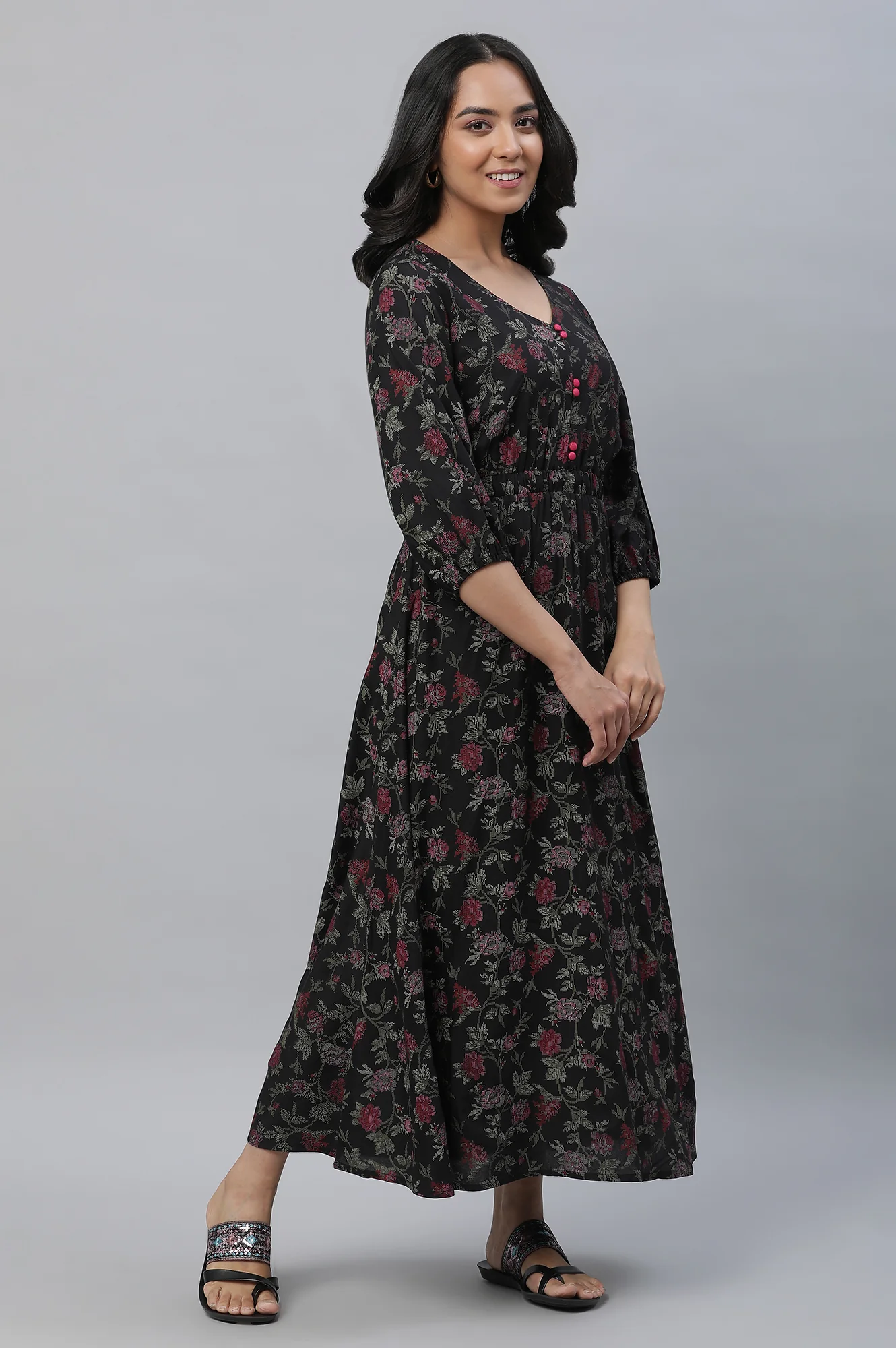 Black Floral Printed Gathered Dress - Image 5