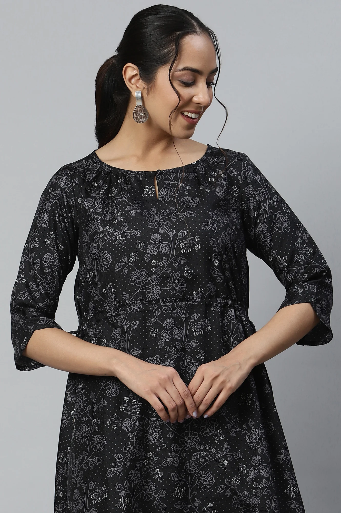 Black Floral Printed Kuchai Silk Kurta - Image 6