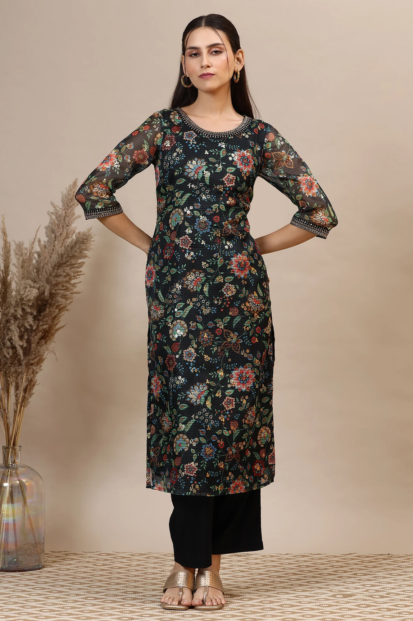 Black Floral Printed Straight Kota Kurta with Embroidered Neckline - Image 3