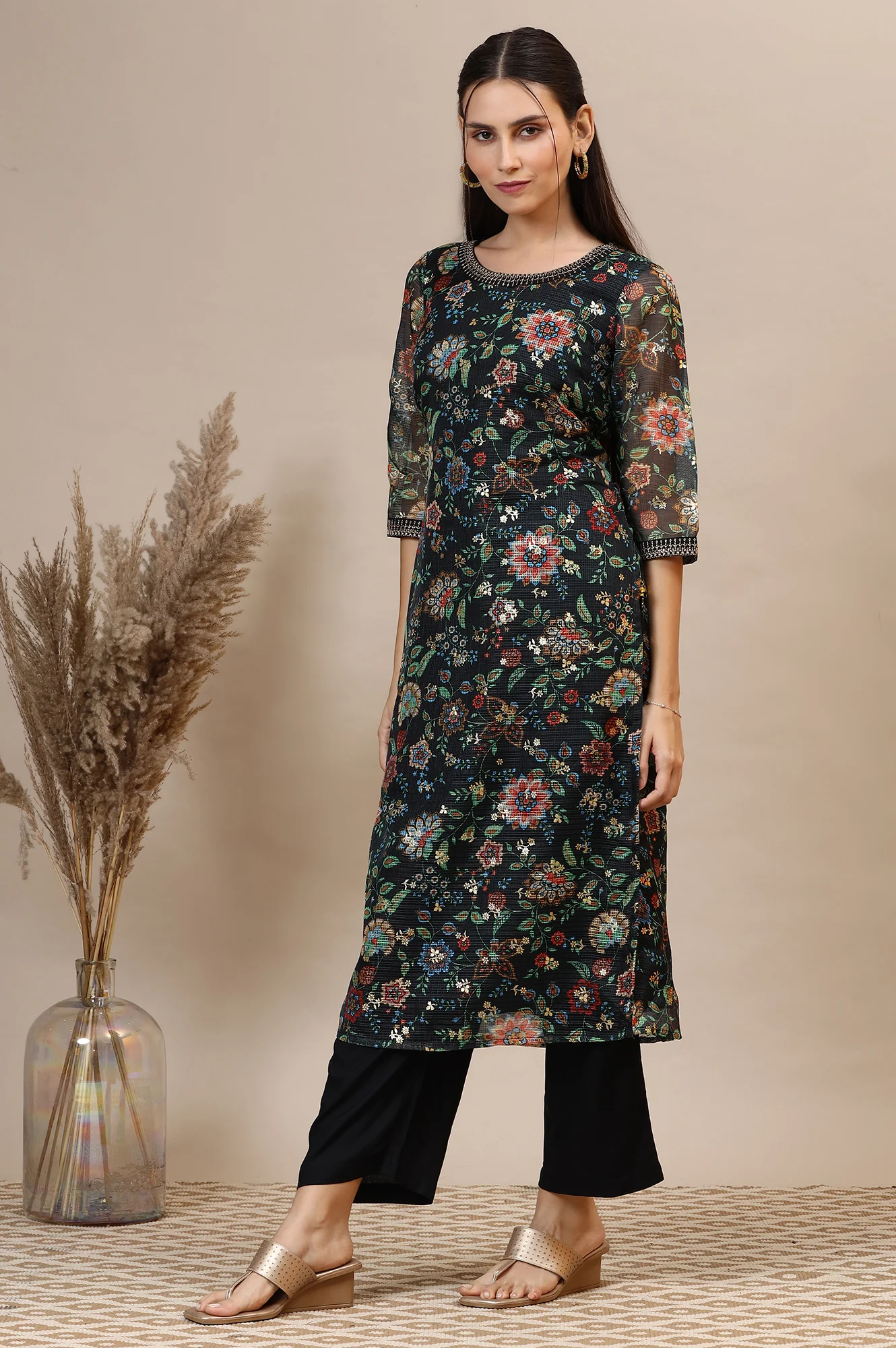 Black Floral Printed Straight Kota Kurta with Embroidered Neckline - Image 5