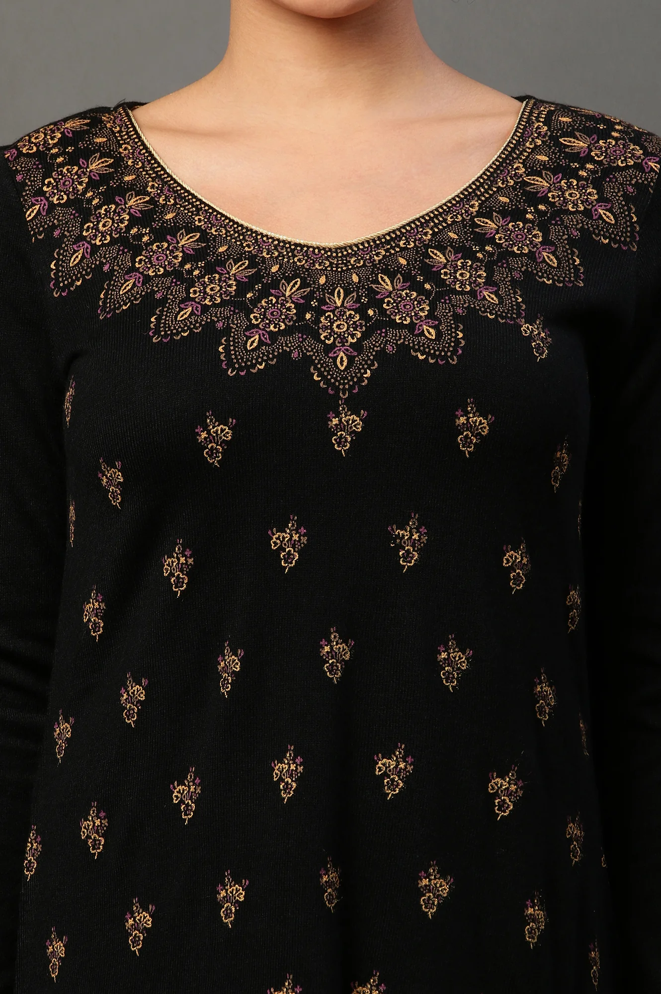 Black Floral Printed Winter Kurta and Palazzos Set - Image 6