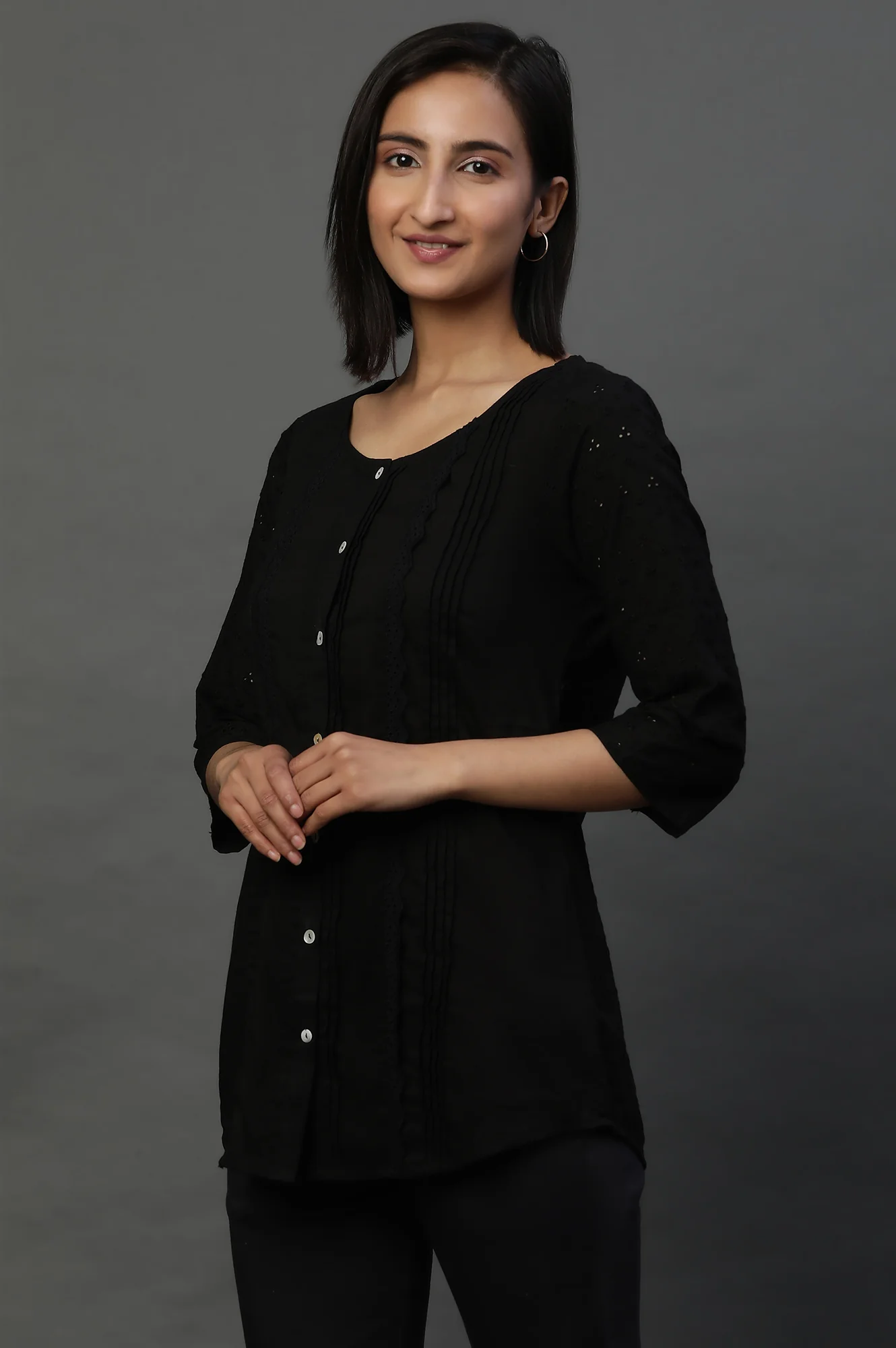 Black Front Pleated Schiffli Short Kurti - Image 2