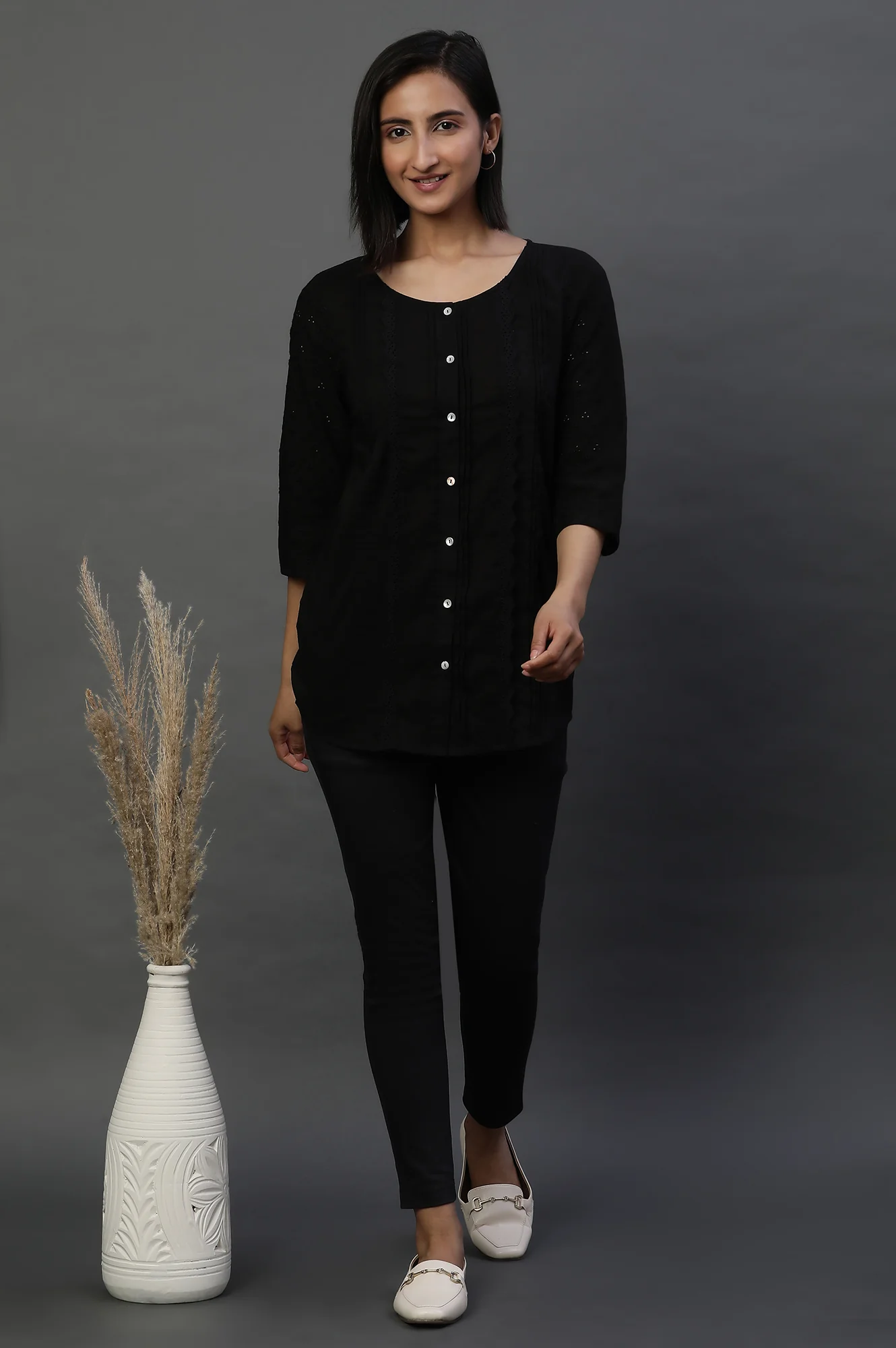 Black Front Pleated Schiffli Short Kurti - Image 5