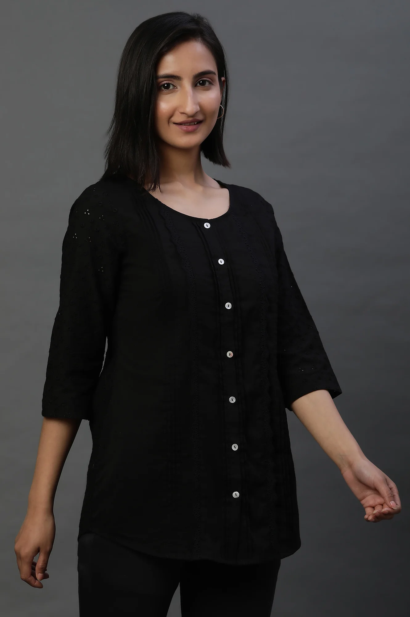 Black Front Pleated Schiffli Short Kurti - Image 4