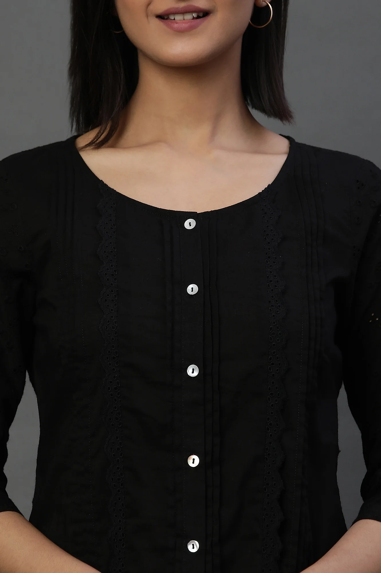 Black Front Pleated Schiffli Short Kurti - Image 6
