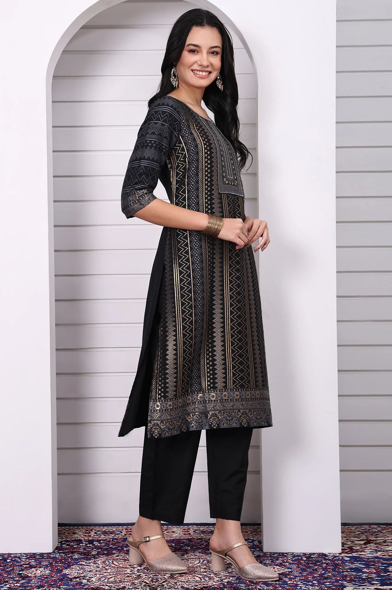 Black Geometric Printed Hand Work Jacquard Straight Kurta, Palazzo and Dupatta Set - Image 6