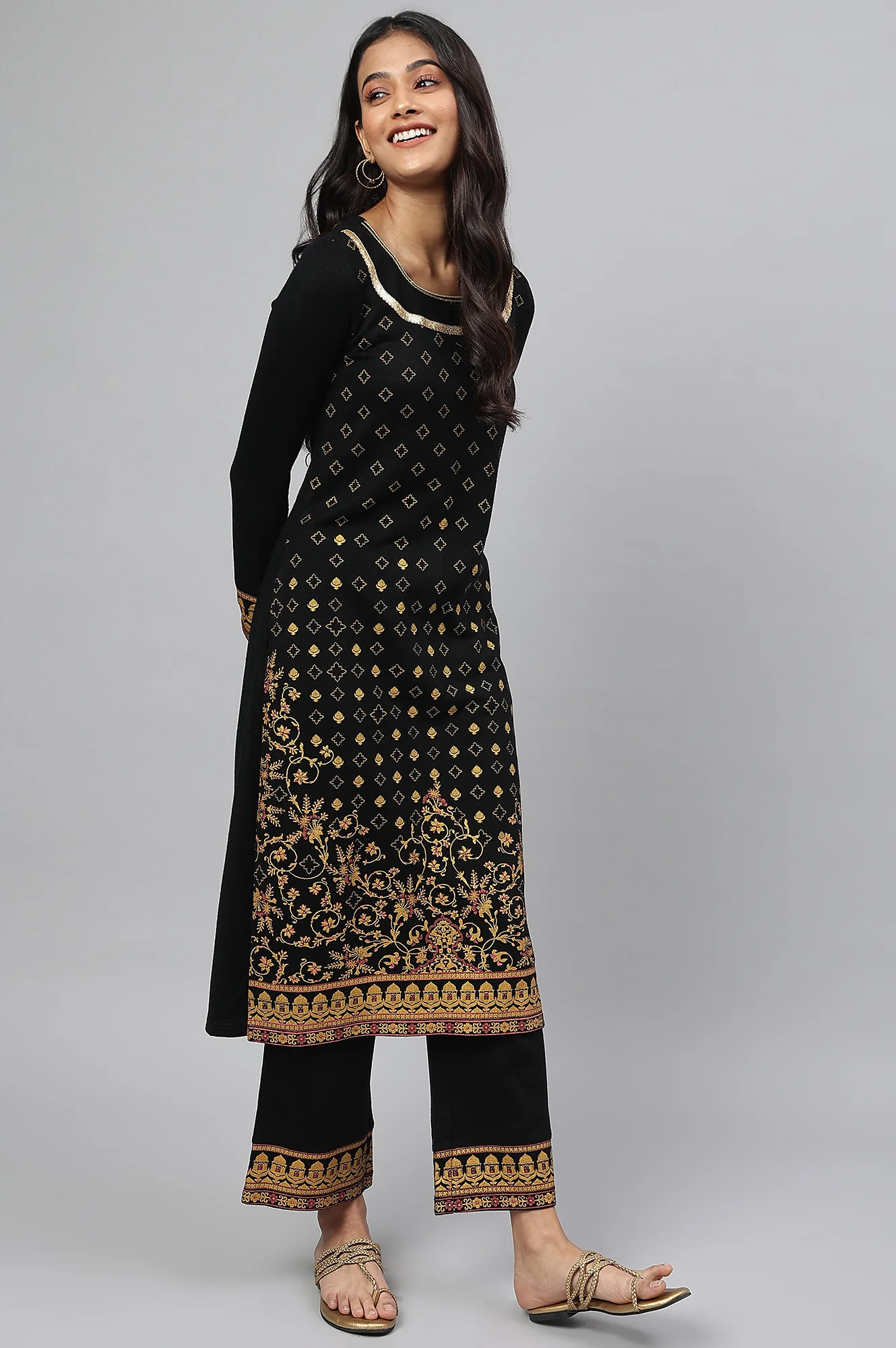 Black Gold Printed Festive Winter kurta and Pants Set - Image 7