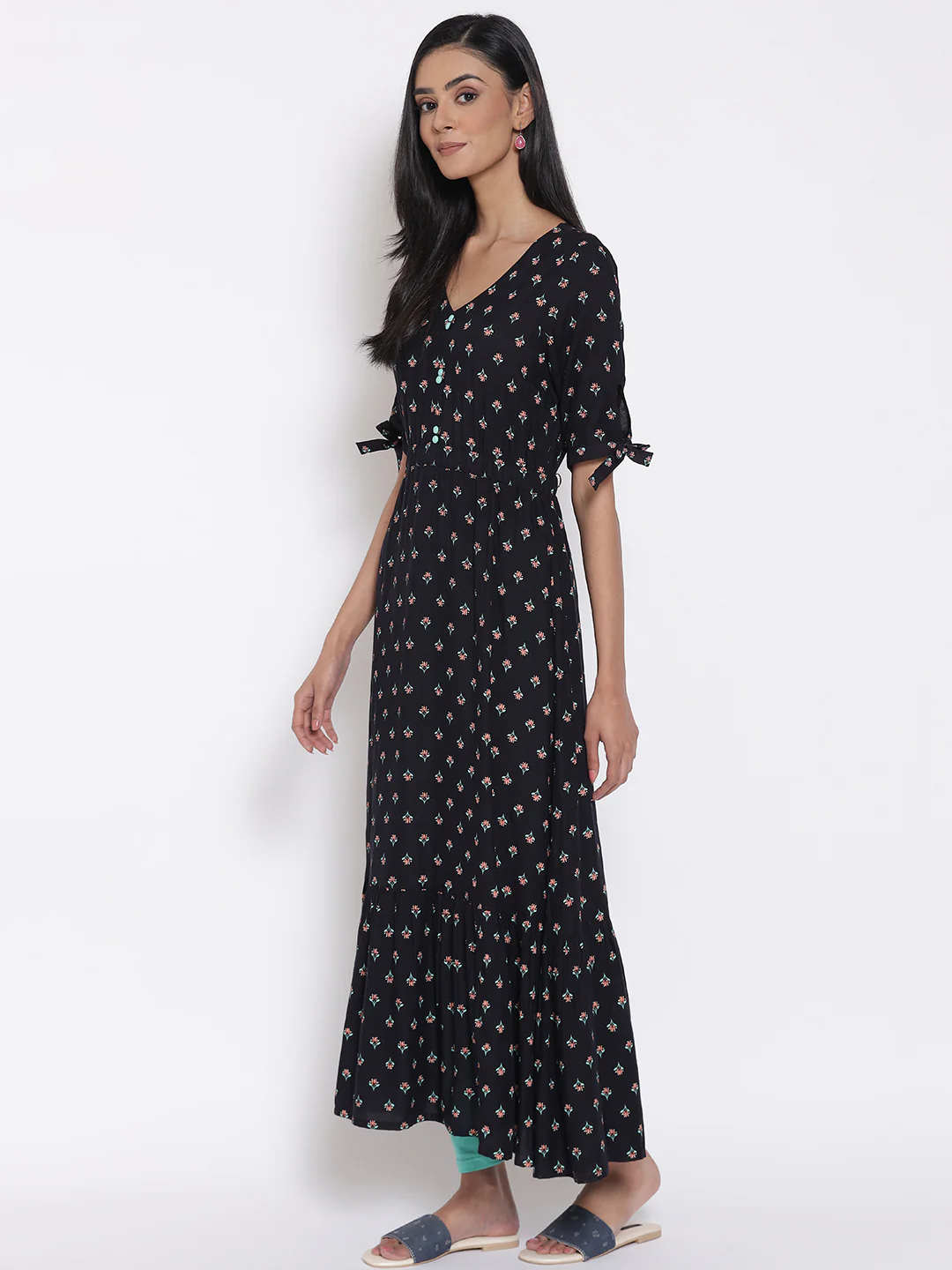 Black Khadi Printed Liva Dress And Tights Set - Image 3
