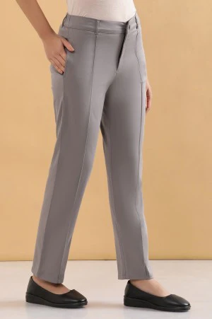 Grey Solid Straight Fit Cotton Pants With Pintuck Detail - Image 5
