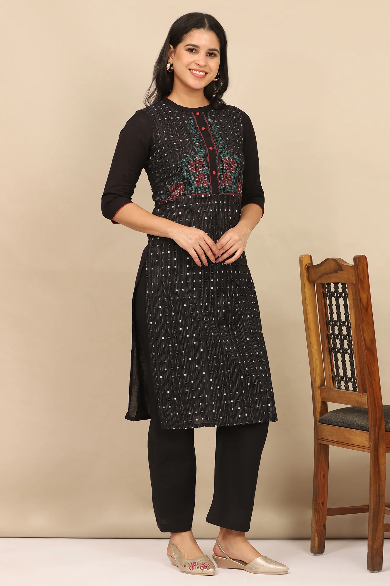 Black Printed Cotton Flax Straight Kurta and Pants Set - Image 6