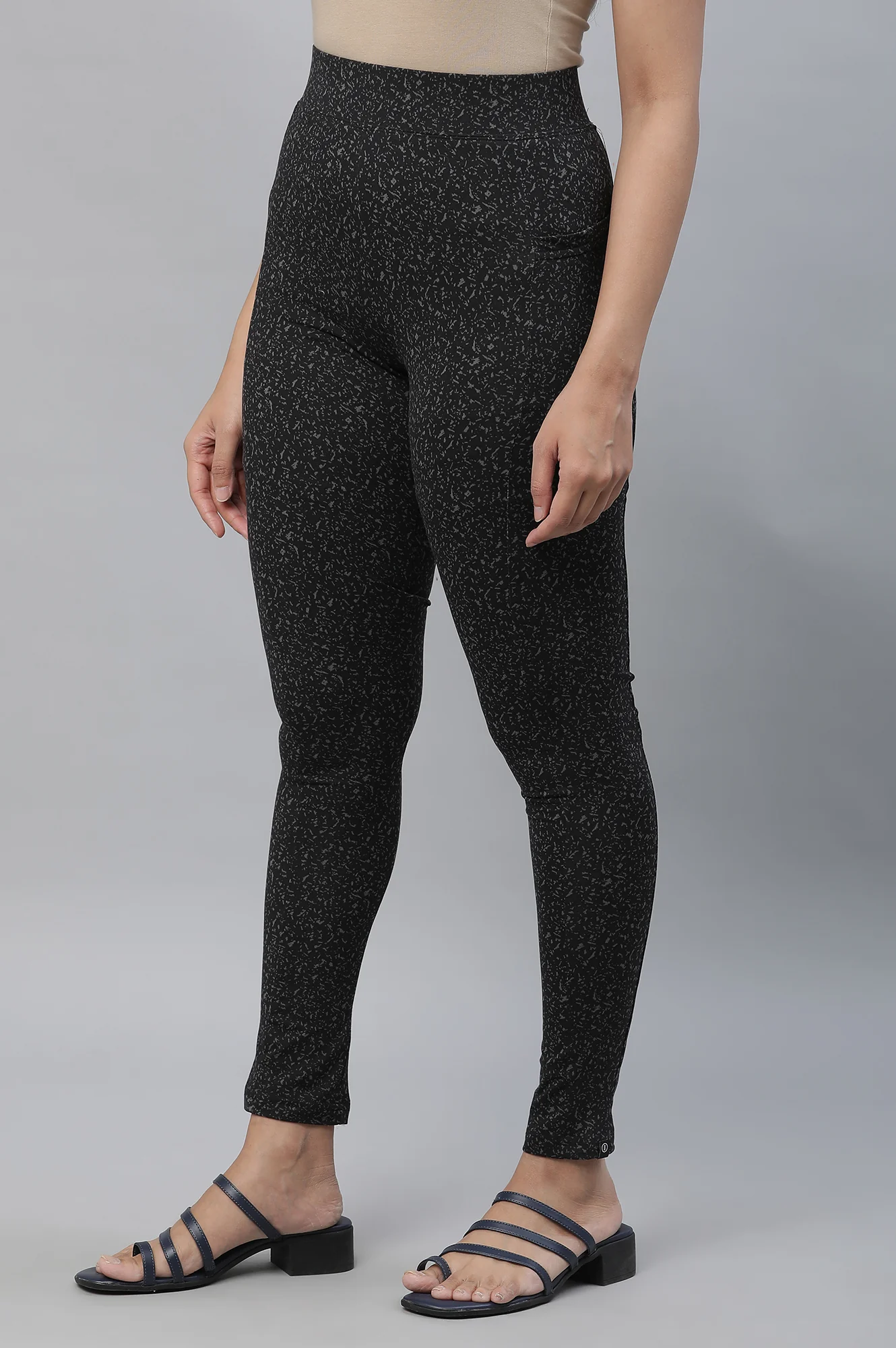 Black Printed Skinny Fit Tights With Elasticated Waist - Image 2