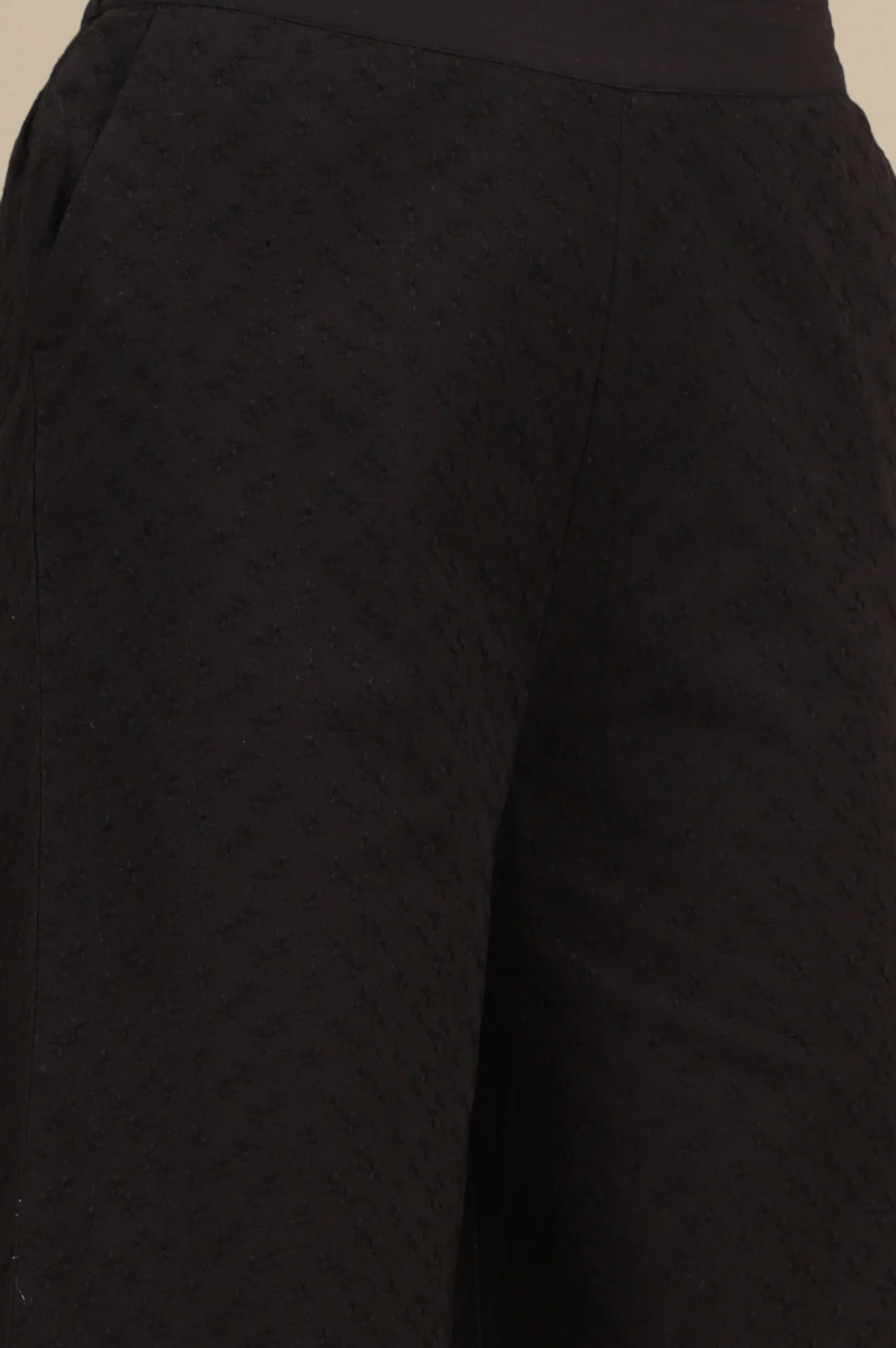 Black Schiffli Embroidered Pure Cotton Flared Palazzo Pants - Image 7