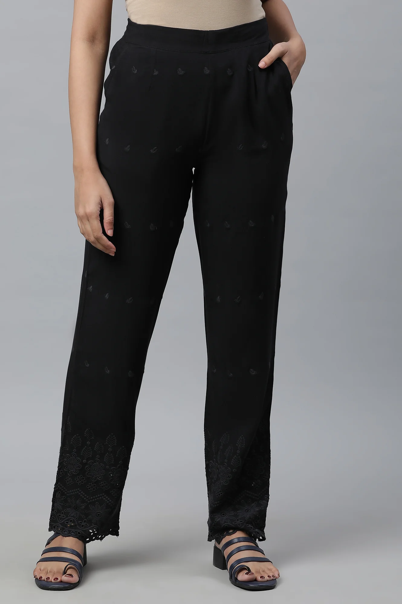 Black Schiffli Embroidered Straight Fit Woven Palazzo With Elasticated Waist
