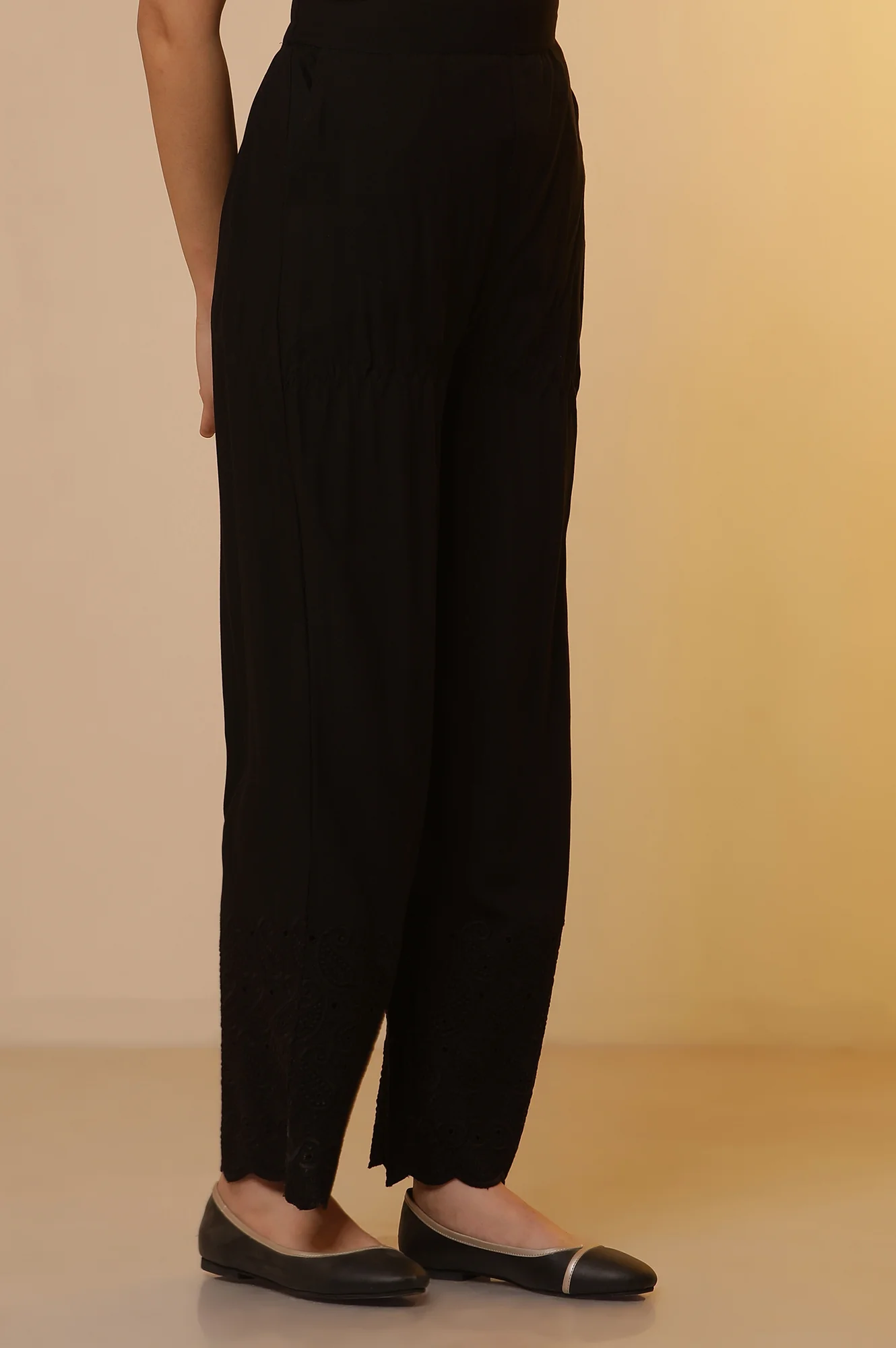 Black Schiffli Narrow Palazzo Pants - Image 7