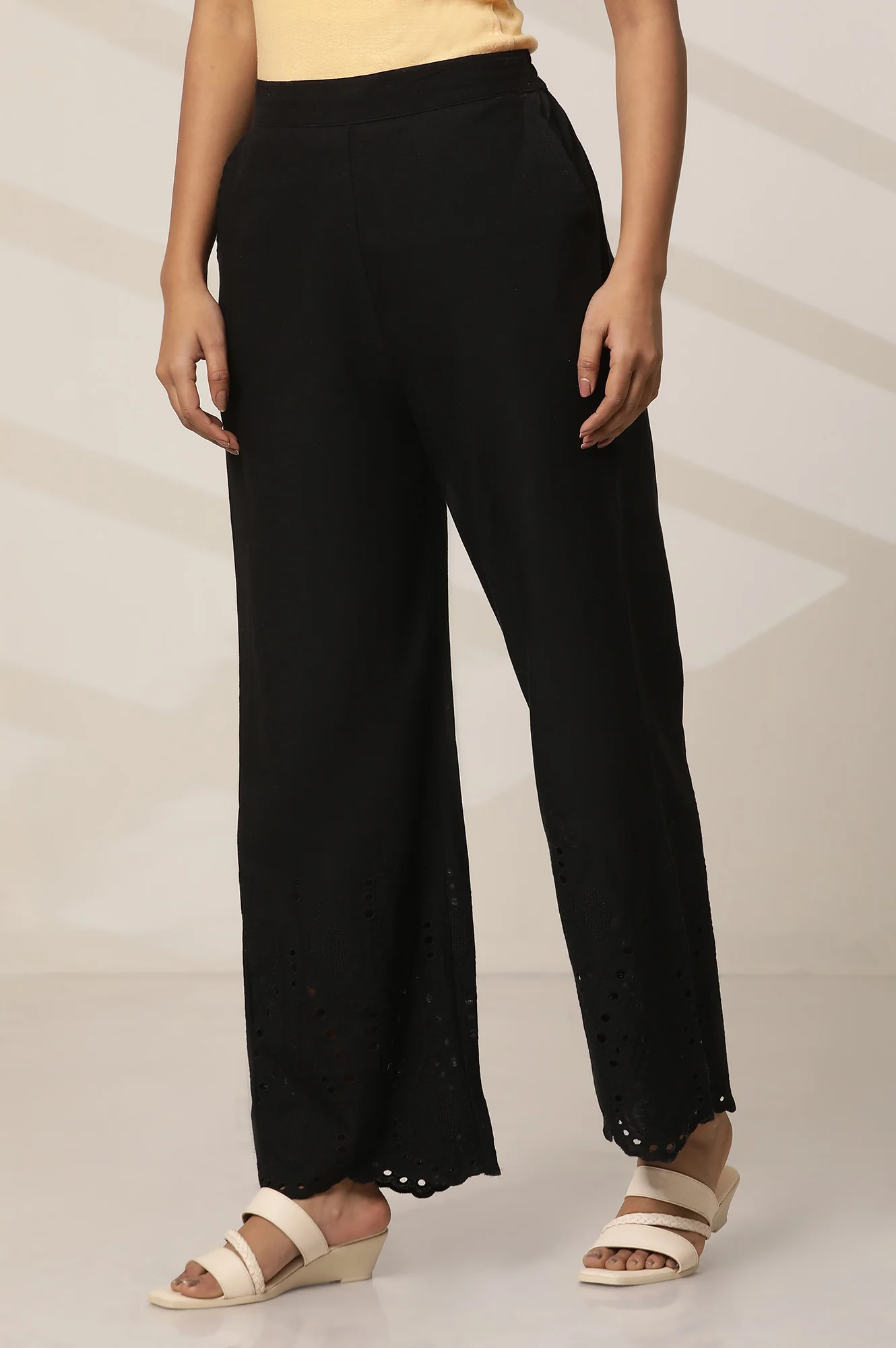Black Embroidered Semi Flared Cotton Palazzo With Side Pockets - Image 2