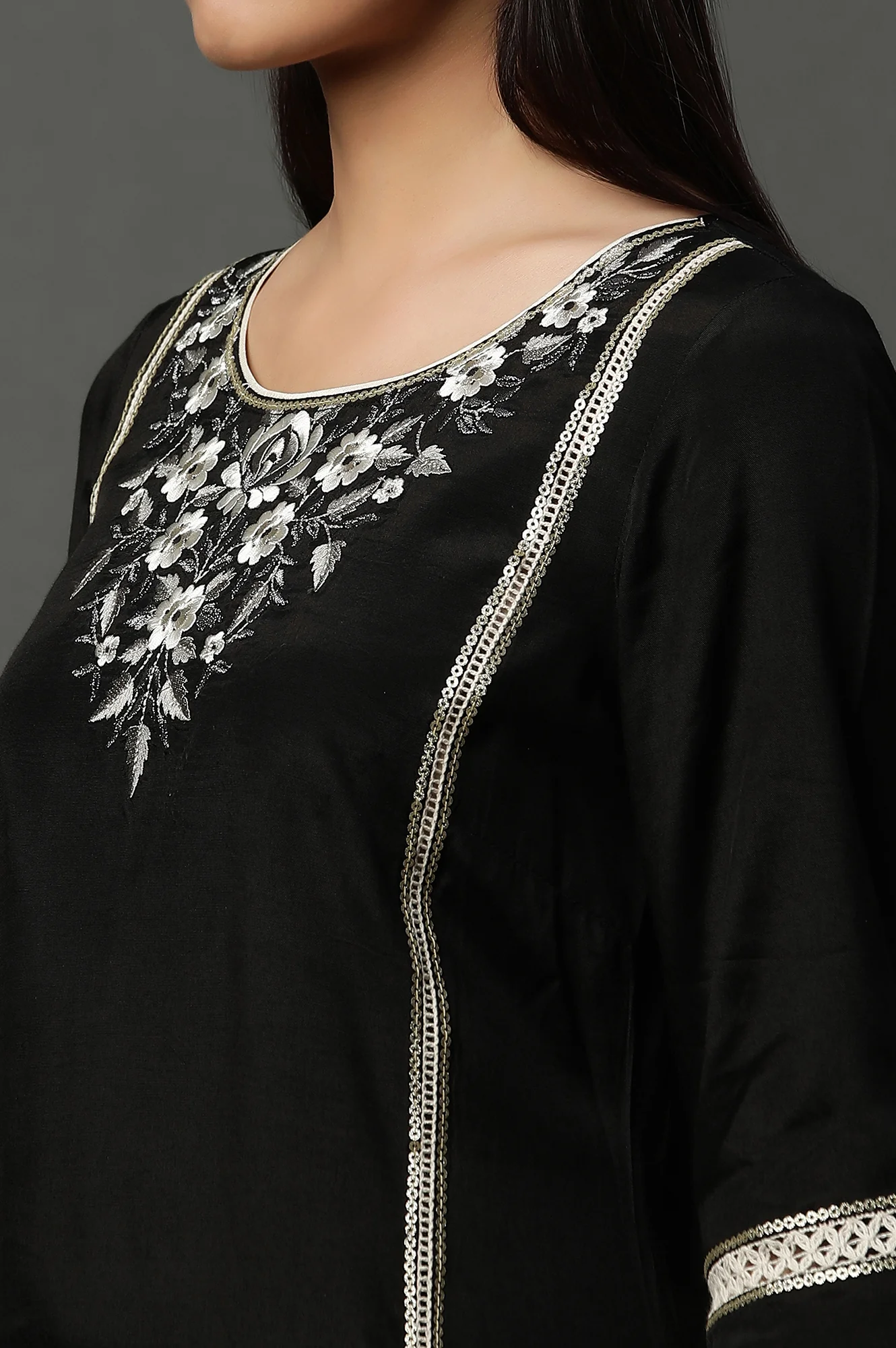 Black Shantung Embroidered Kurta - Image 8