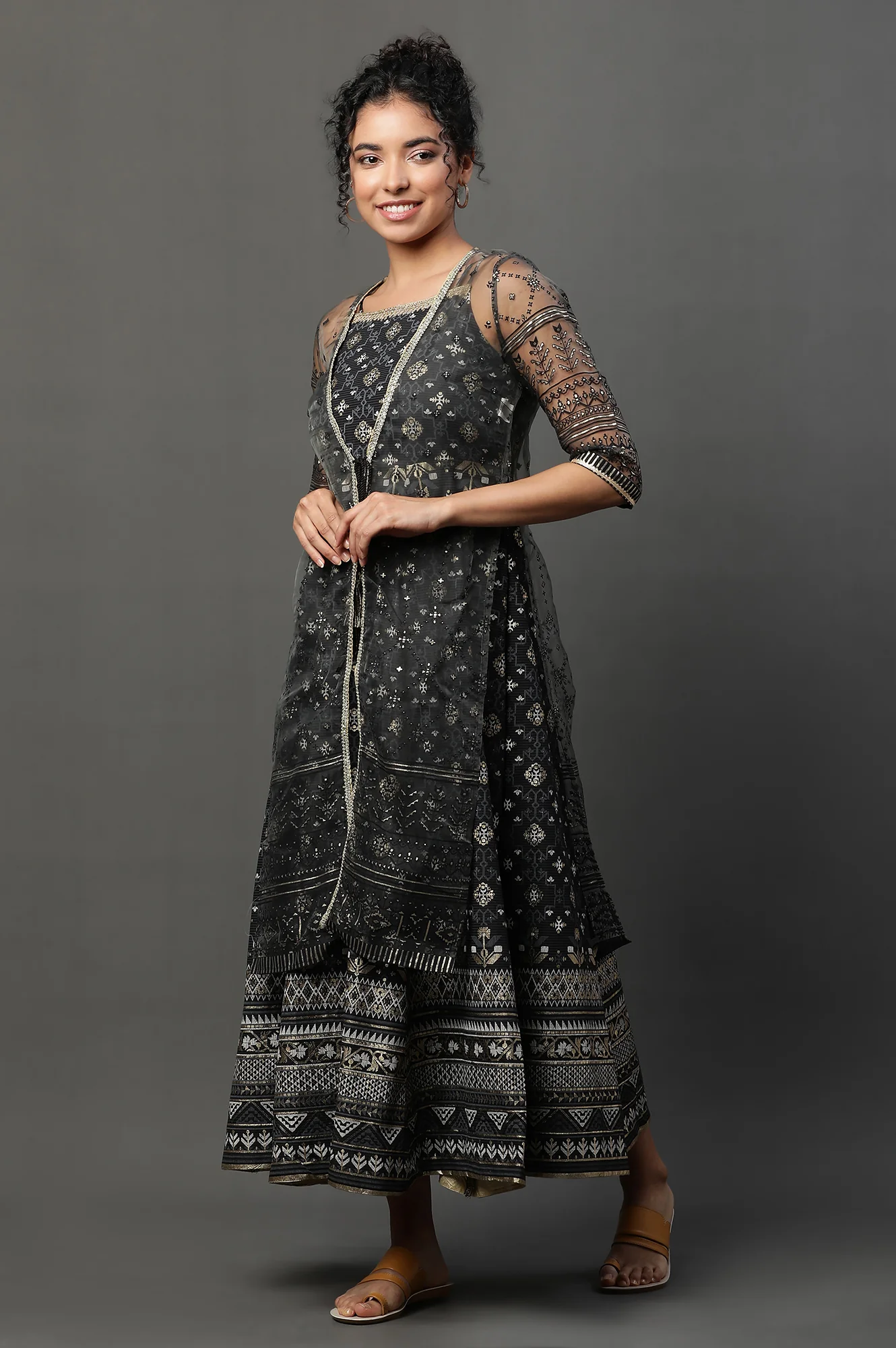 Black Sheer Embellished Gilet and Dress Set - Image 3