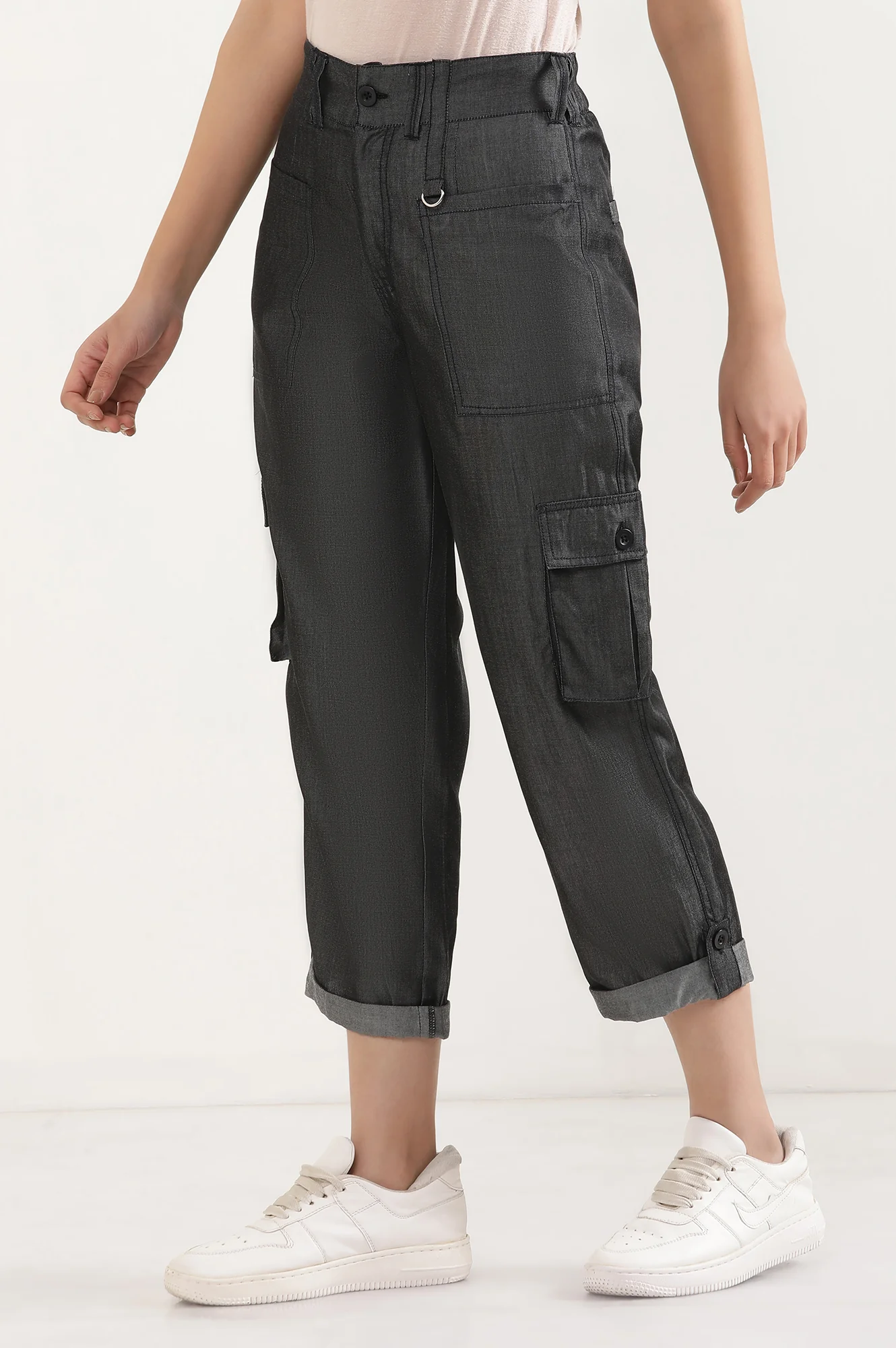 Black Solid Straight Fit Lyocell Pants With Elasticated Waist - Image 3