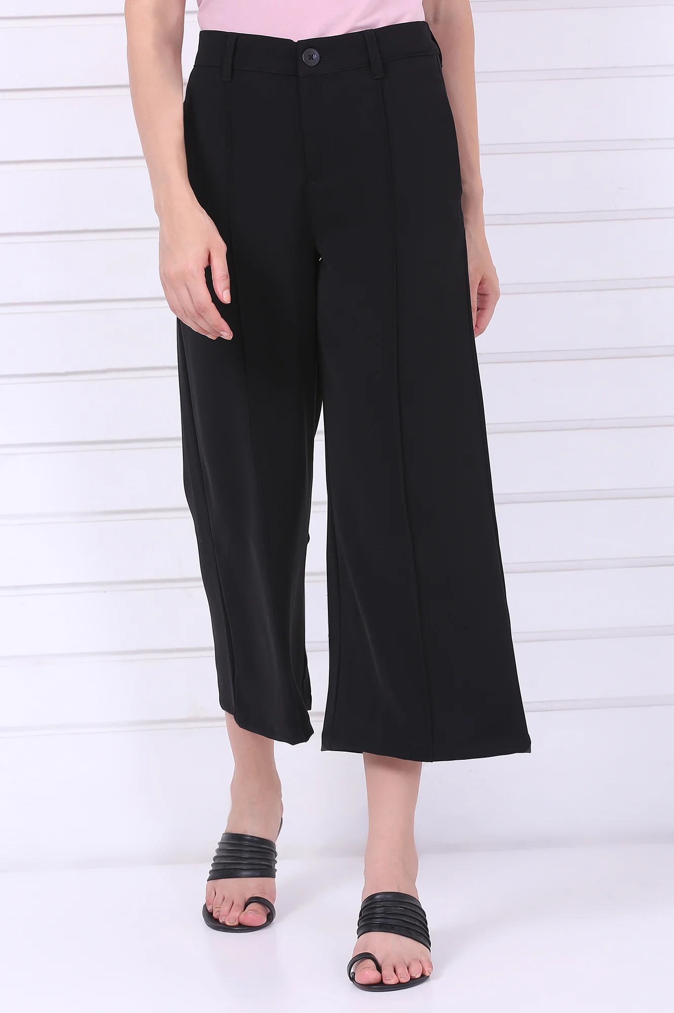Black Solid Calf Length Culottes with YKK Zipper - Image 2