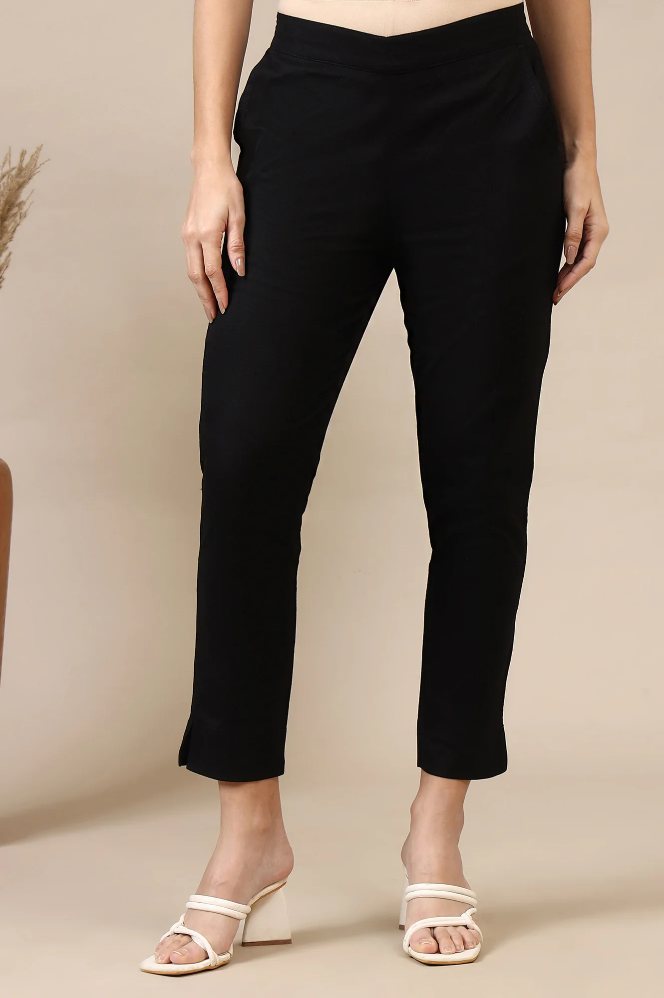 Black Solid Cotton Flax Everyday Trousers - Image 2