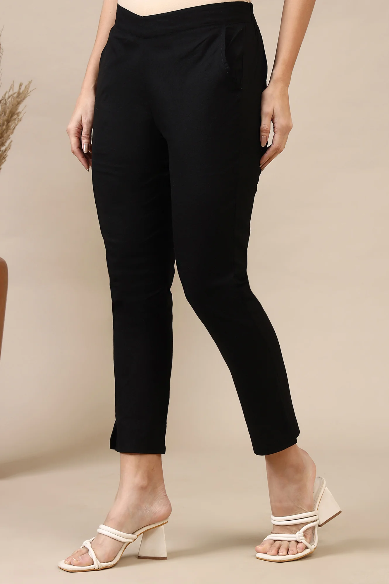 Black Solid Cotton Flax Everyday Trousers - Image 3
