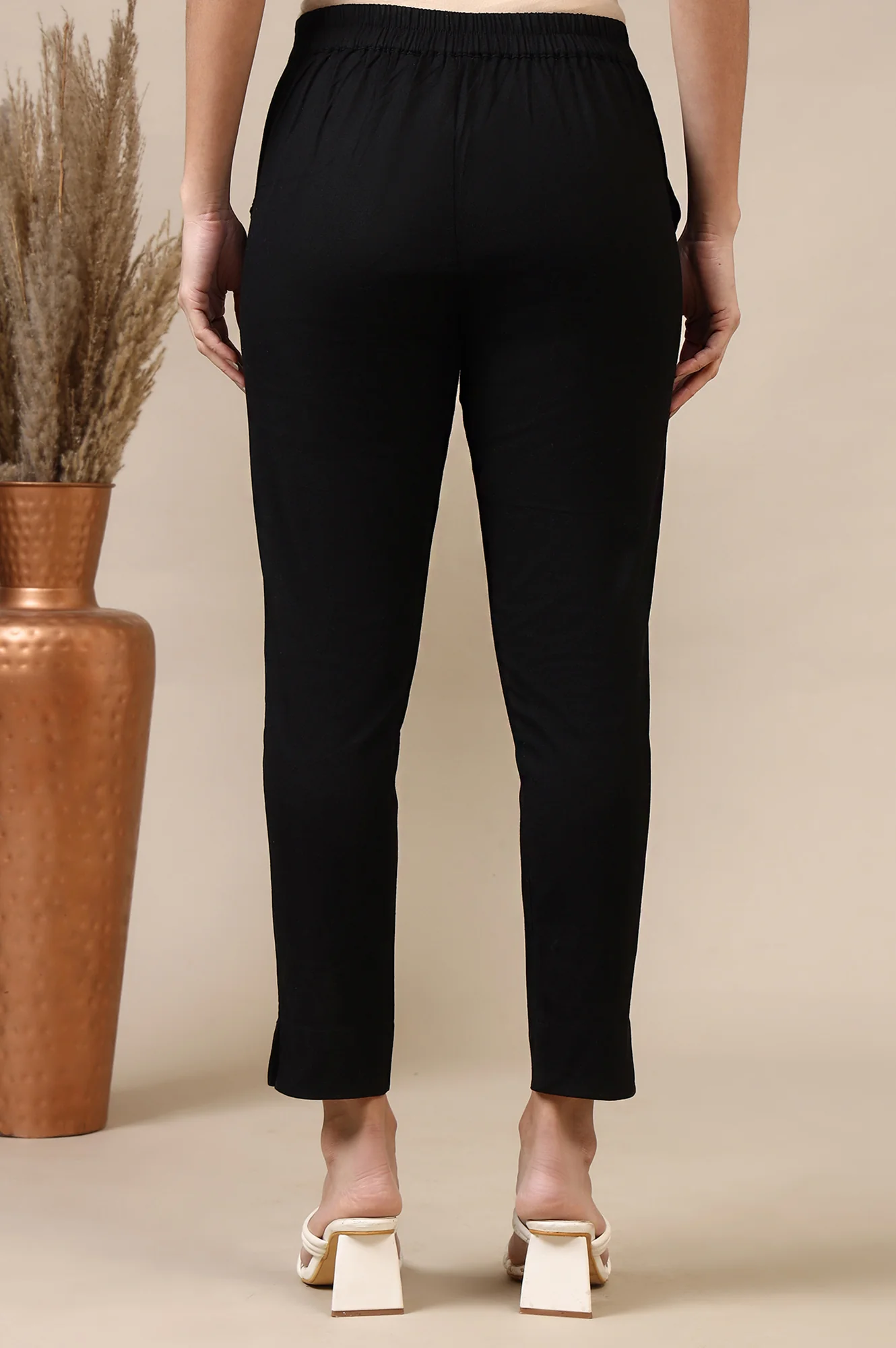 Black Solid Cotton Flax Everyday Trousers - Image 4