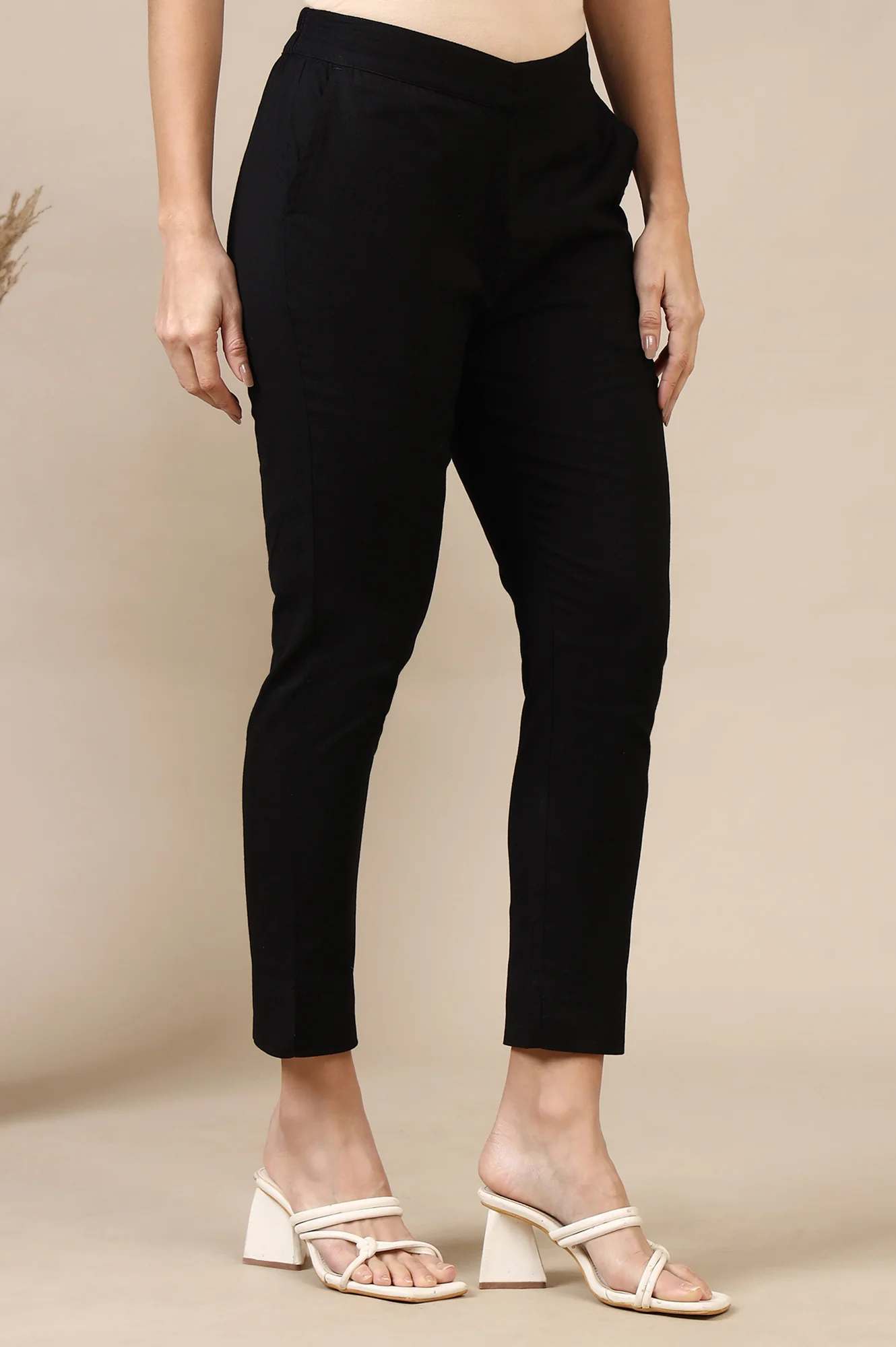 Black Solid Cotton Flax Everyday Trousers - Image 5