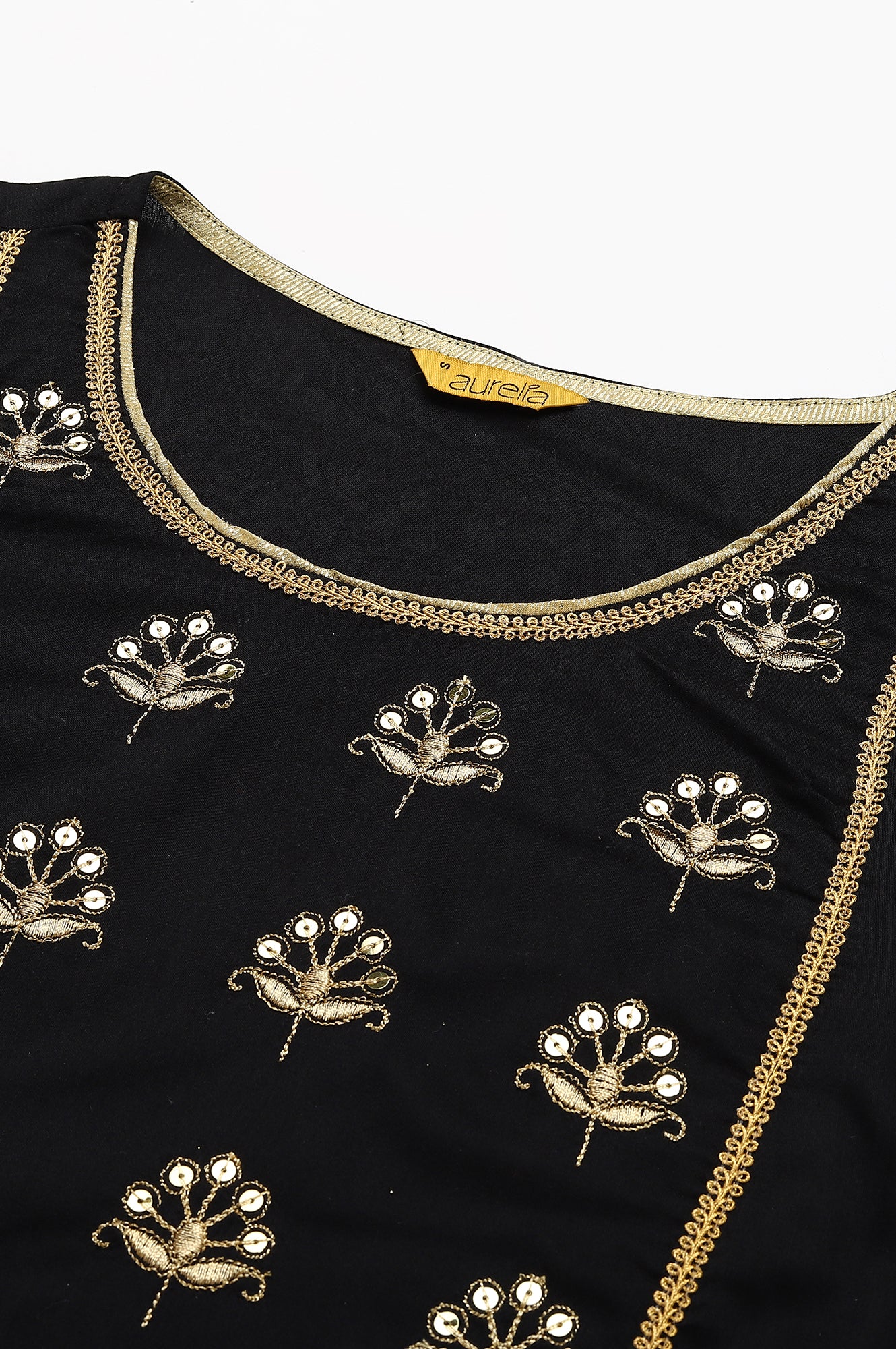Black Solid Embroidered Zari Straight Woven Kurta - Image 2