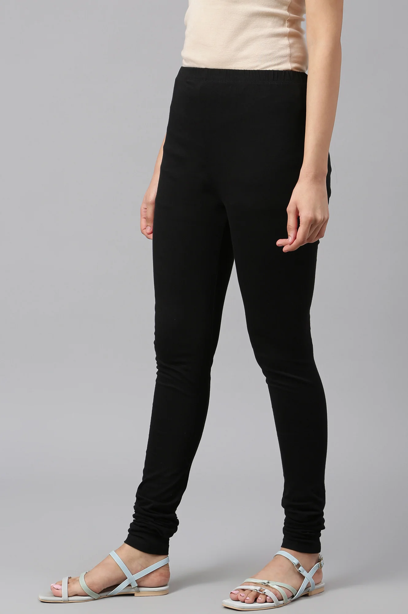 Black Solid Plain Skinny Cotton Churidar - Image 2