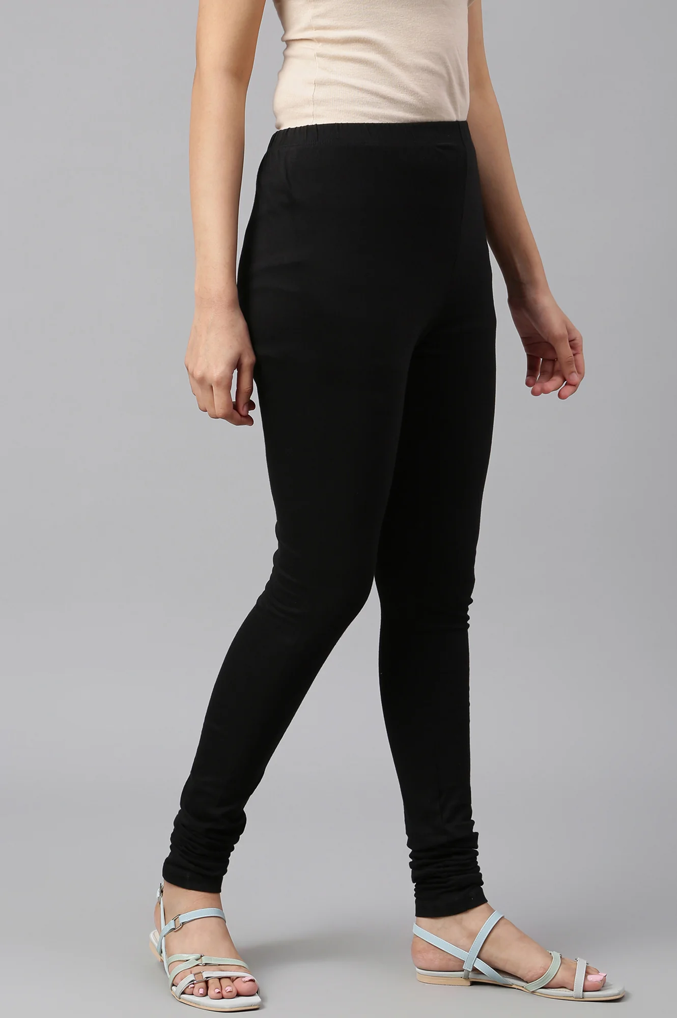 Black Solid Plain Skinny Cotton Churidar - Image 5