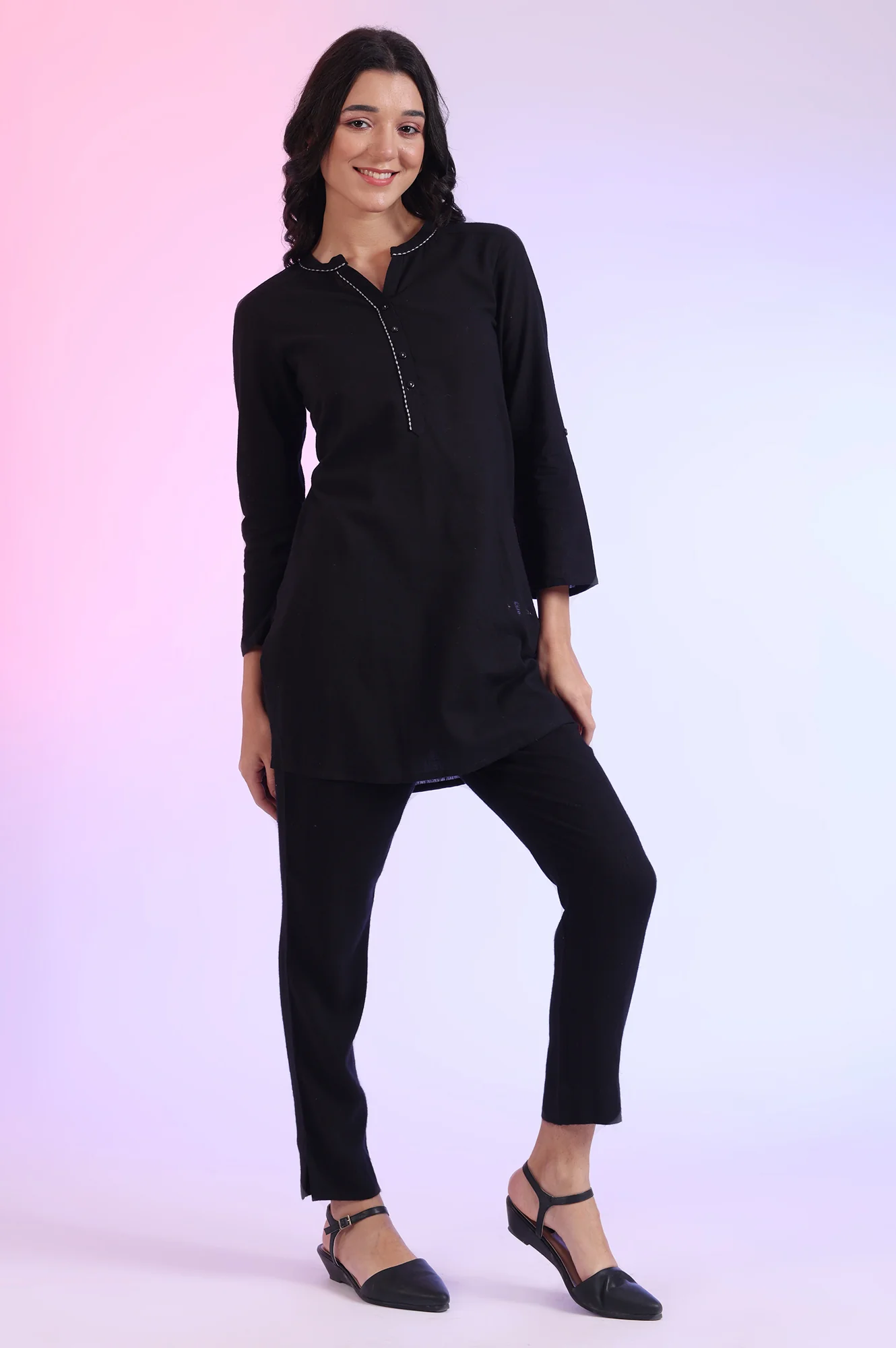 Black Solid Straight Pure Cotton Kurti - Image 7
