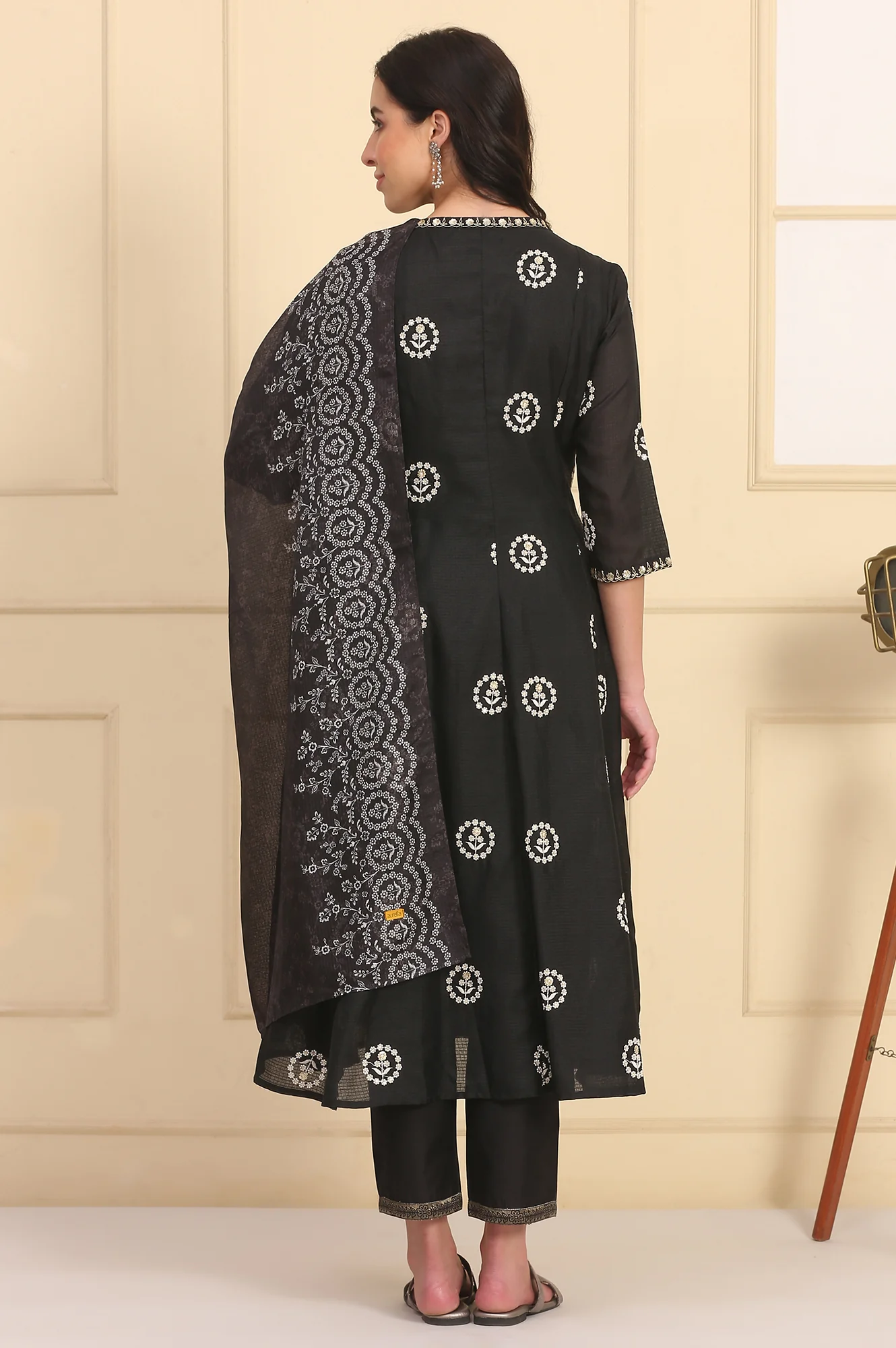 Black Solid Schiffli Embroidered Flared Kurta, Trousers and Dupatta Set - Image 6