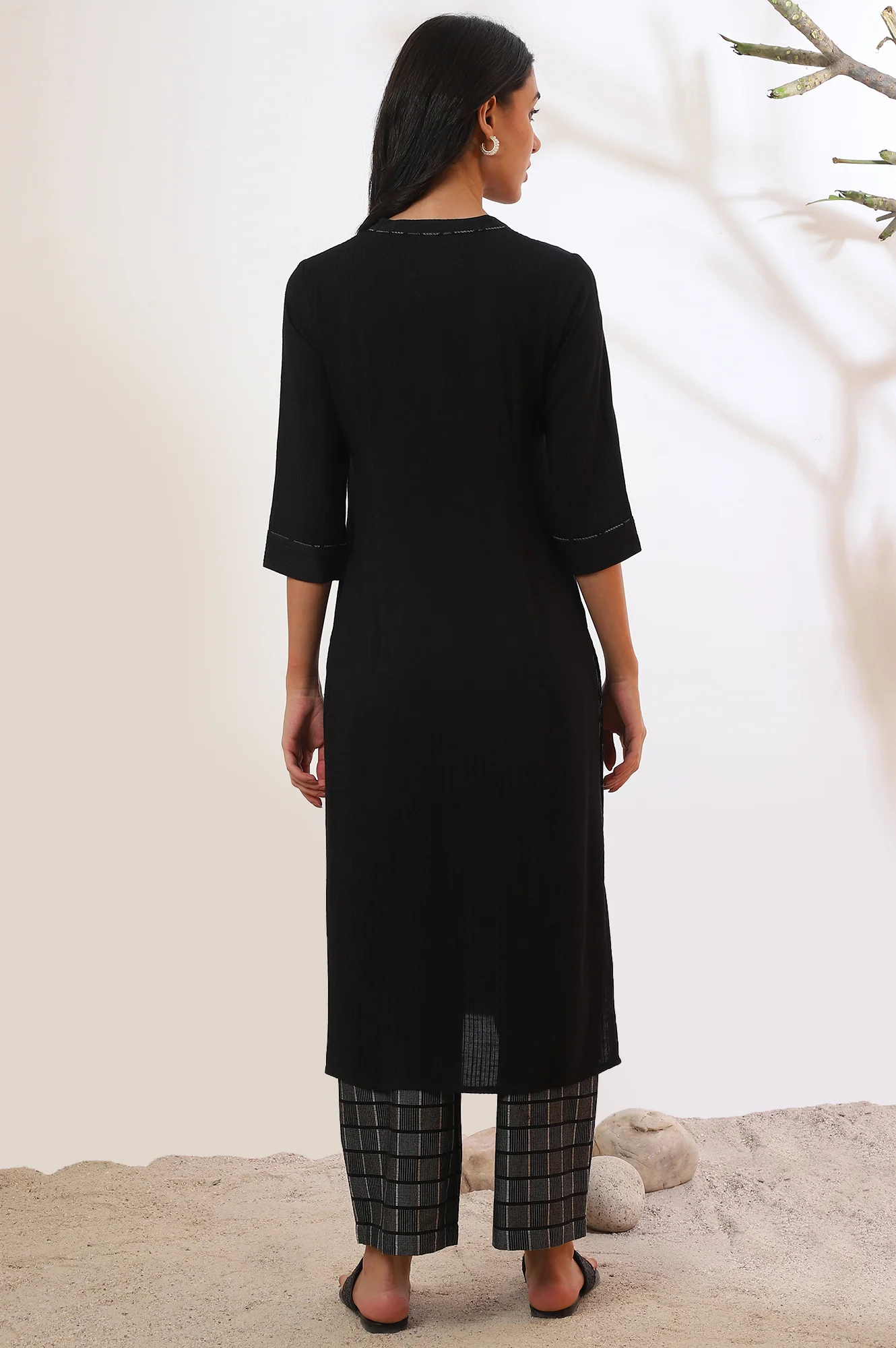 Black Solid Straight Kurta & Palazzo Set - Image 6